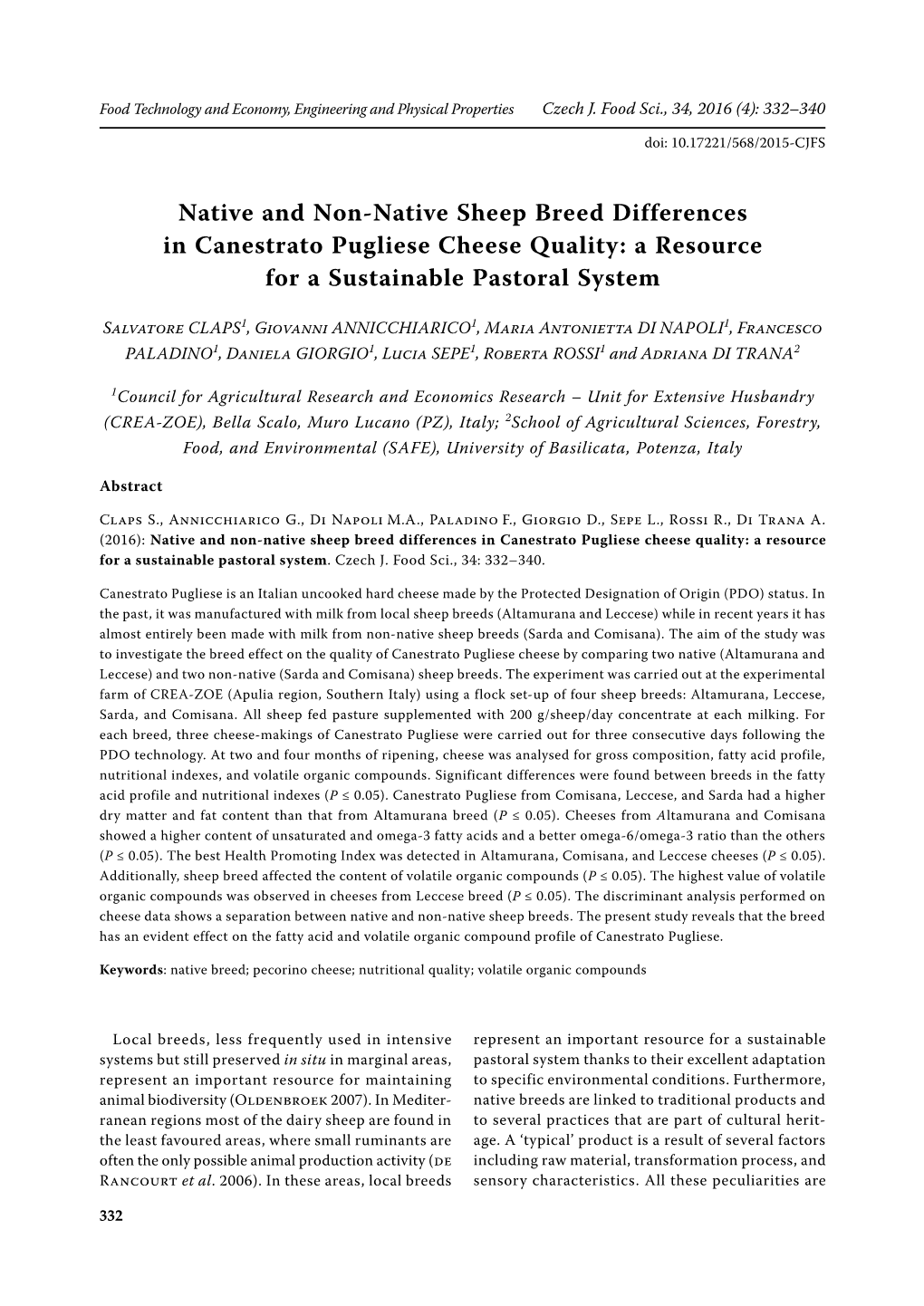 Native and Non-Native Sheep Breed Differences in Canestrato Pugliese Cheese Quality: a Resource for a Sustainable Pastoral System