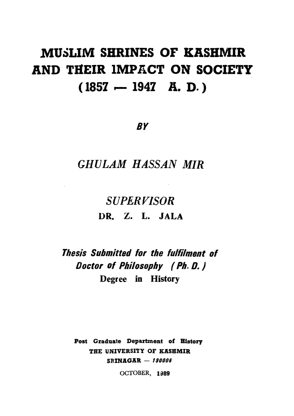 Muslim Shrines of Kashmir and Their Impact on Society (1857 ^ 1947 A