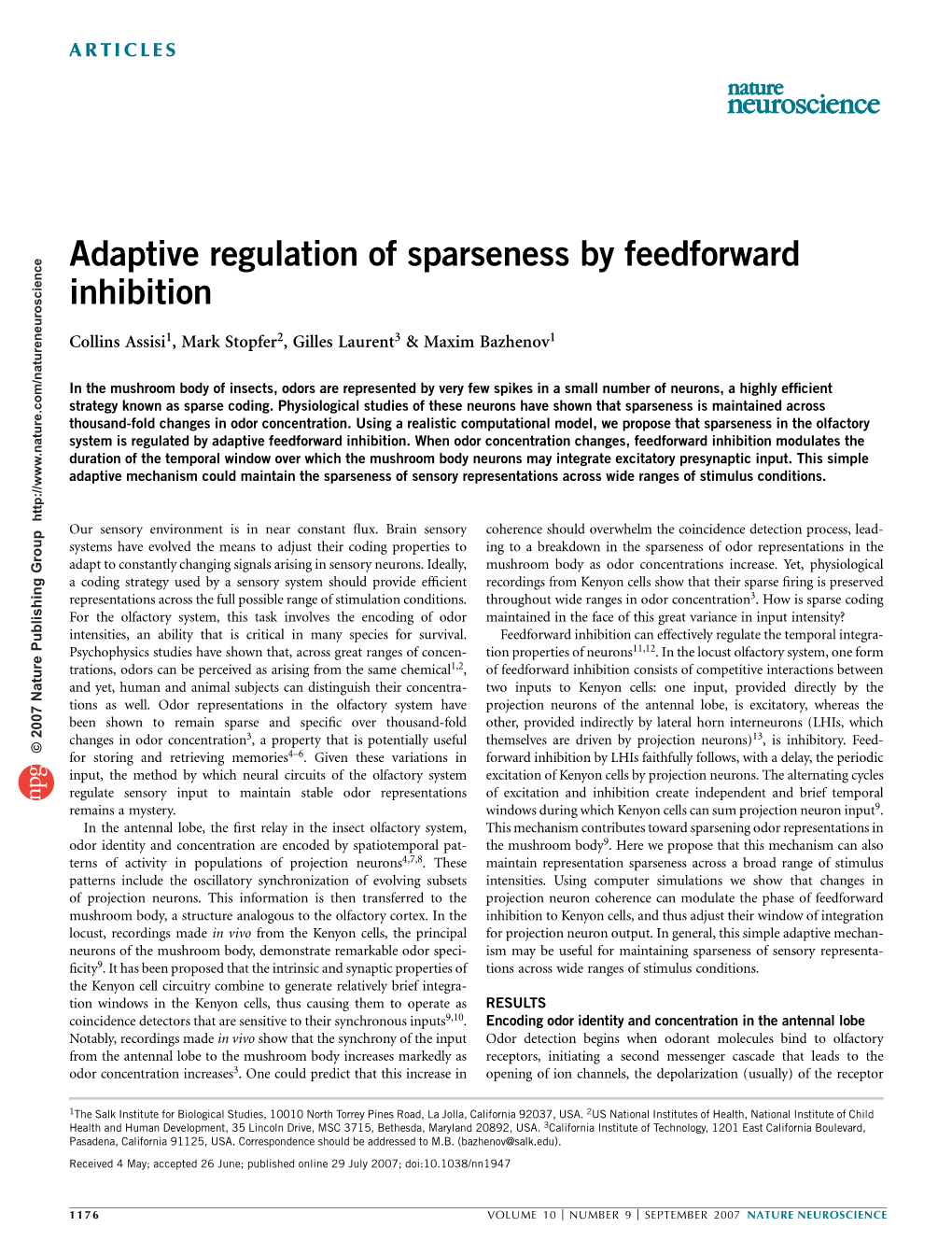 Adaptive Regulation of Sparseness by Feedforward Inhibition