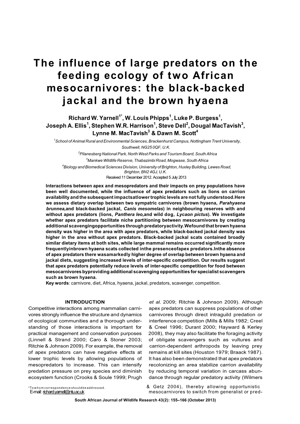The Influence of Large Predators on the Feeding Ecology of Two African Mesocarnivores: the Black-Backed Jackal and the Brown Hyaena