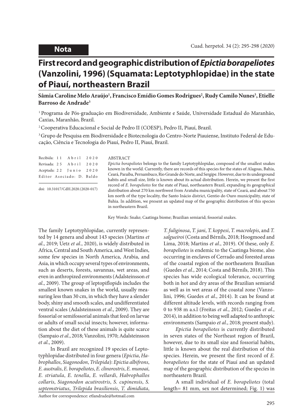 First Record and Geographic Distribution of Epictia Borapeliotes