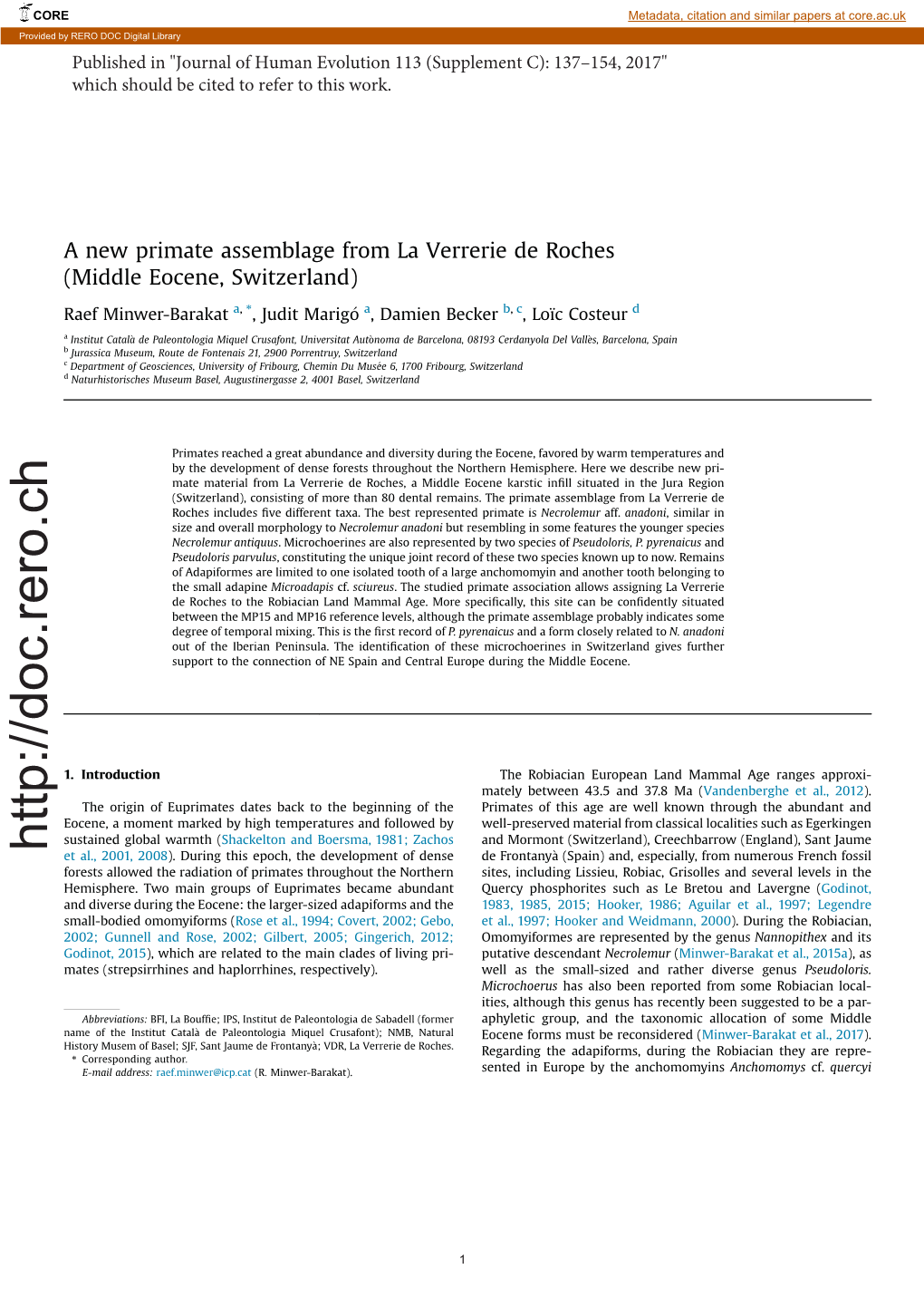 A New Primate Assemblage from La Verrerie De Roches (Middle Eocene, Switzerland)