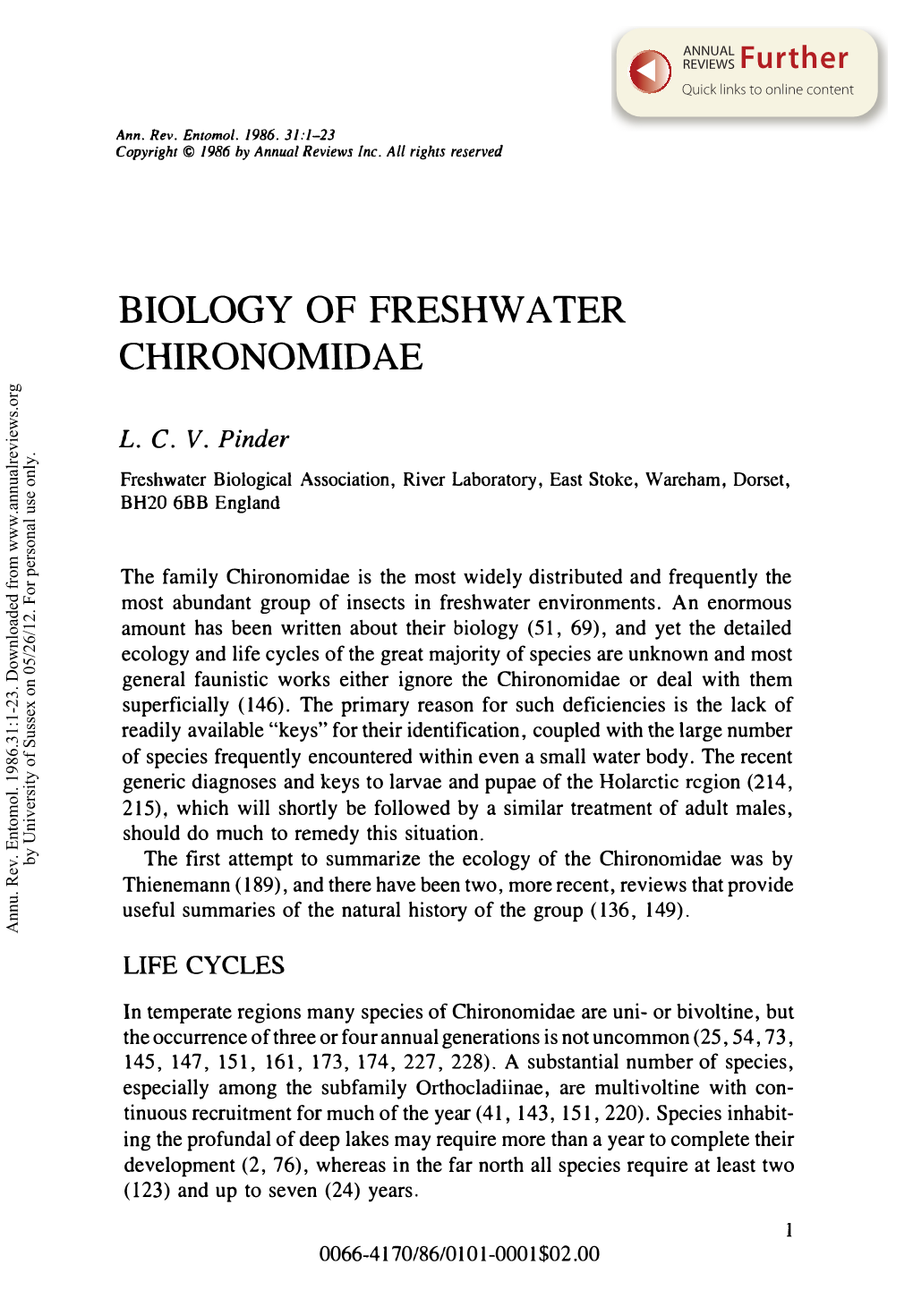 Biology of Freshwater Chironomidae