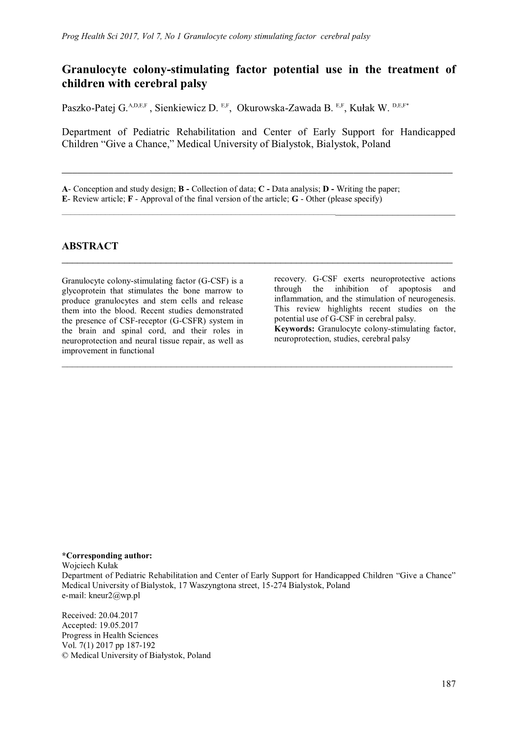 Granulocyte Colony-Stimulating Factor Potential Use in the Treatment of Children with Cerebral Palsy