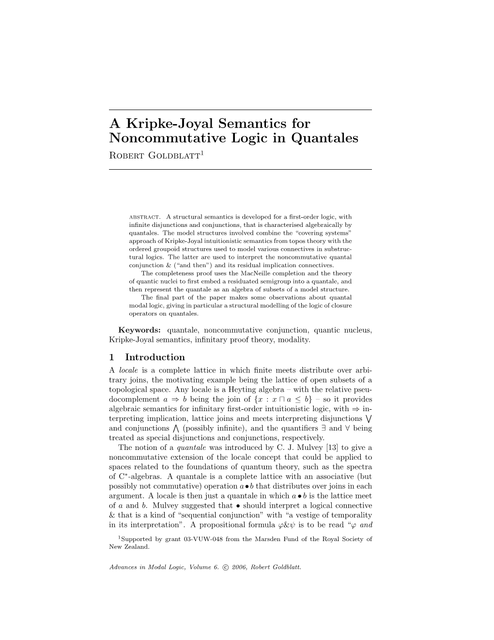 A Kripke-Joyal Semantics for Noncommutative Logic in Quantales Robert Goldblatt1