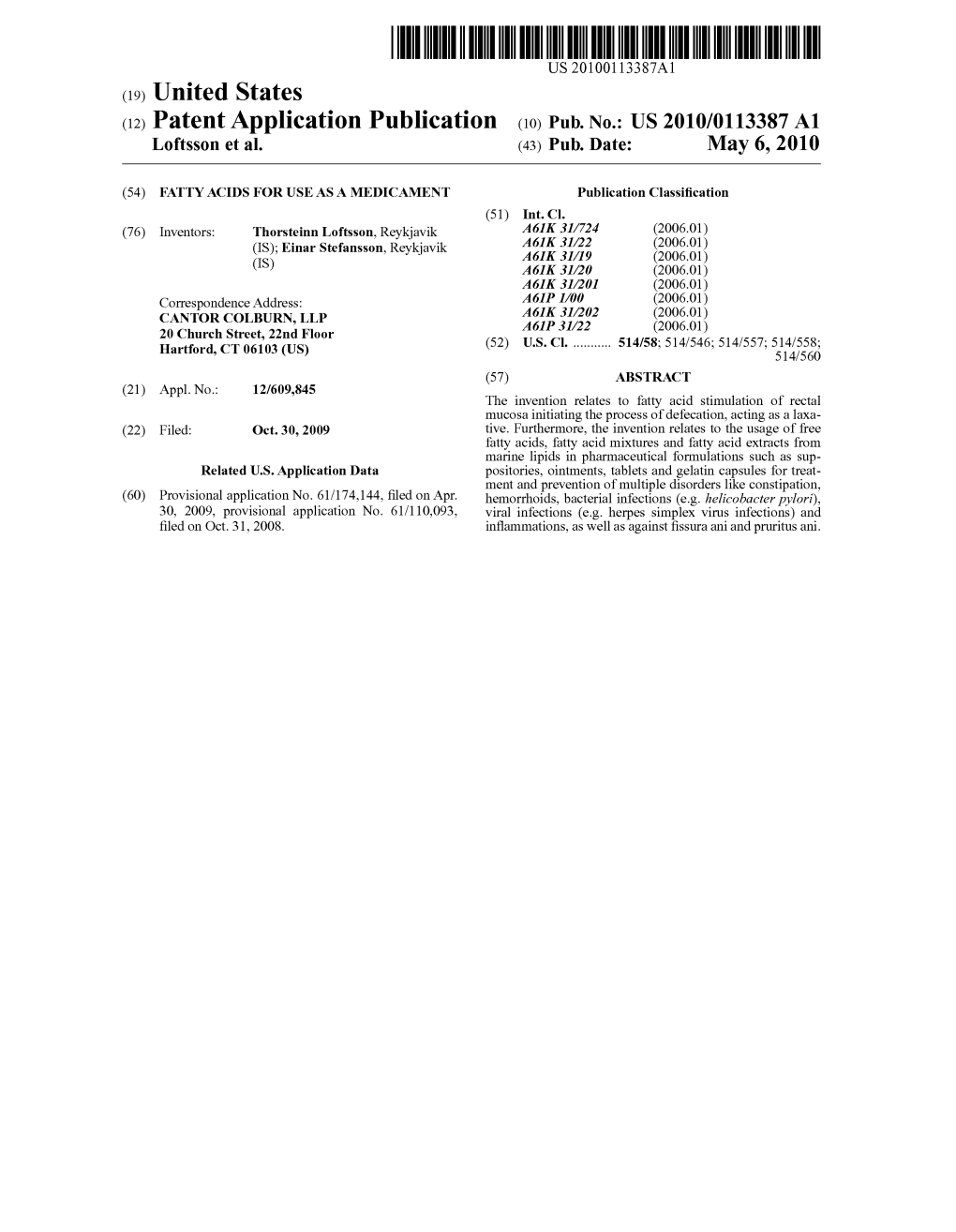 (12) Patent Application Publication (10) Pub. No.: US 2010/0113387 A1 Loftsson Et Al