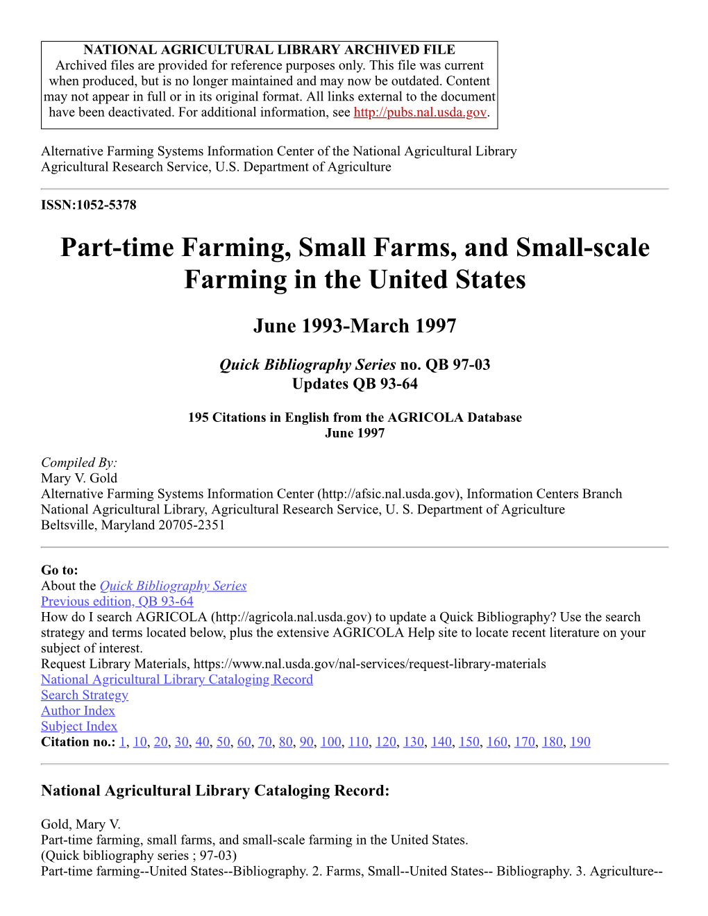 Part-Time Farming, Small Farms, and Small-Scale Farming in the United States