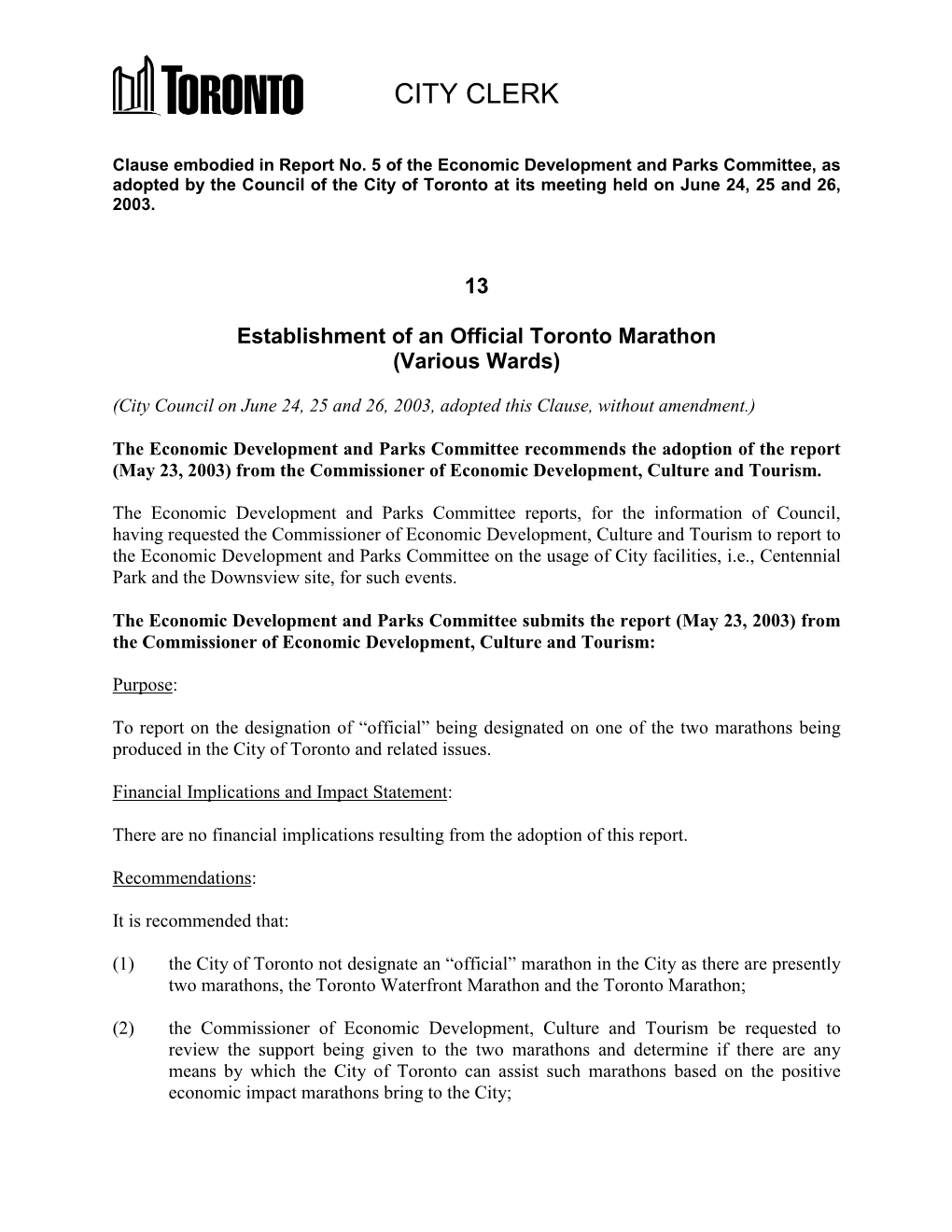 Establishment of an Official Toronto Marathon (Various Wards)