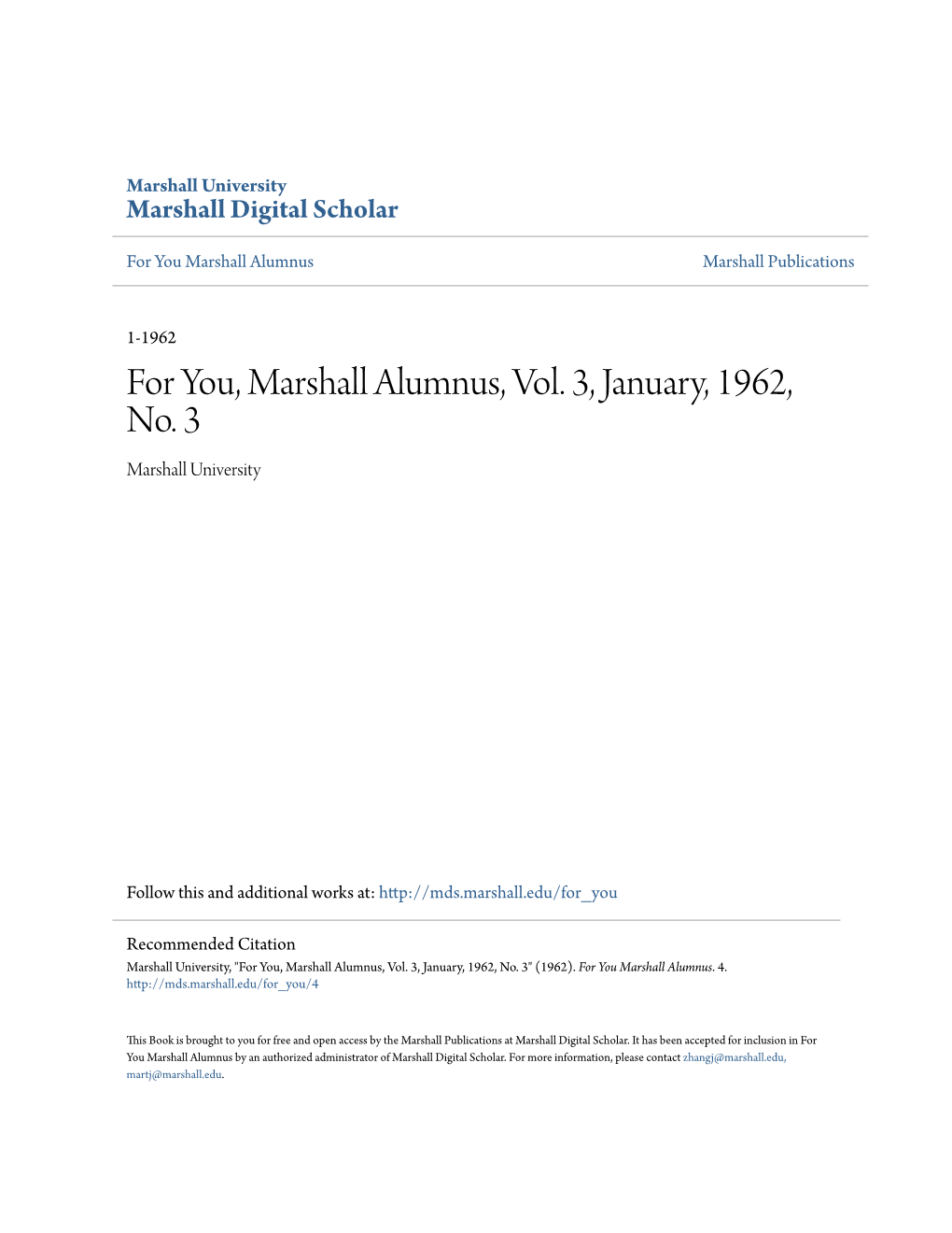 For You, Marshall Alumnus, Vol. 3, January, 1962, No. 3 Marshall University