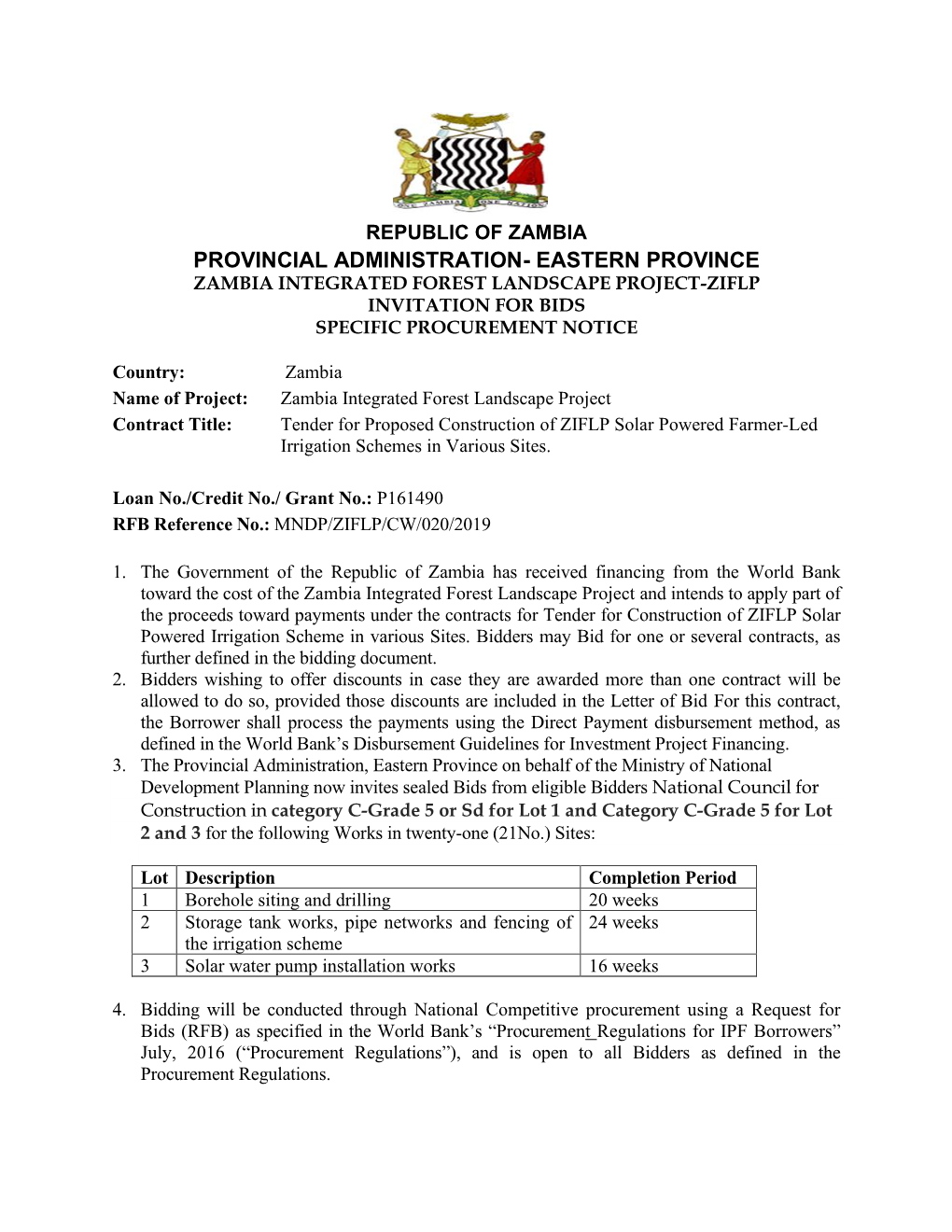 Provincial Administration- Eastern Province Zambia Integrated Forest Landscape Project-Ziflp Invitation for Bids Specific Procurement Notice