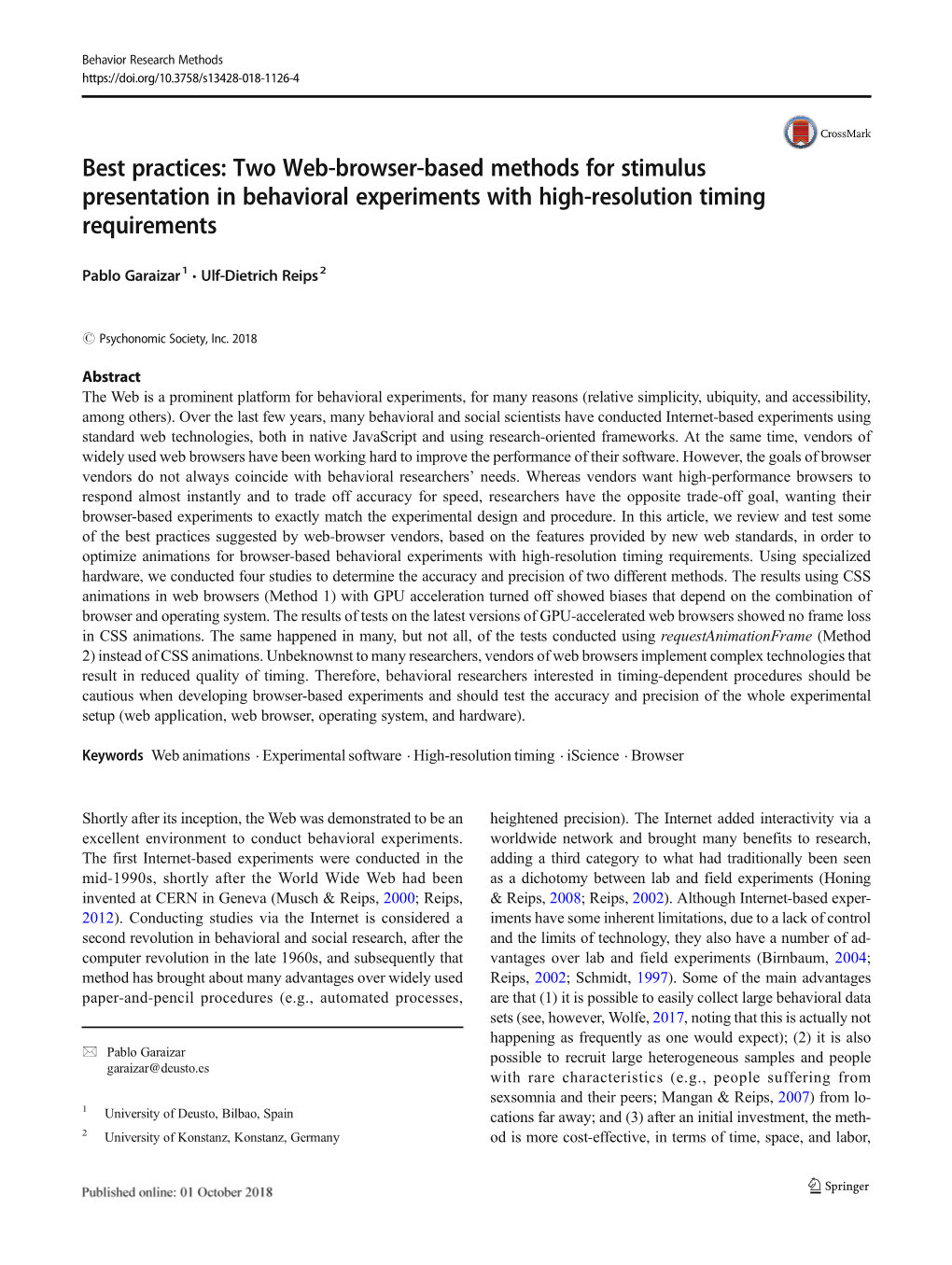 Two Web-Browser-Based Methods for Stimulus Presentation in Behavioral Experiments with High-Resolution Timing Requirements
