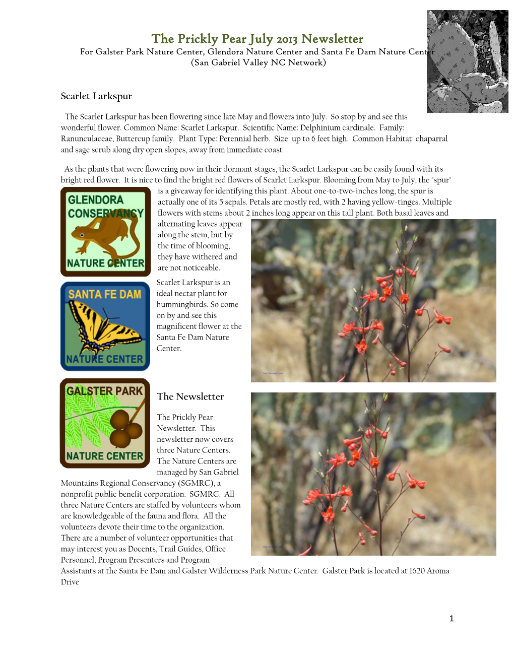The Prickly Pear July 2013 Newsletter for Galster Park Nature Center, Glendora Nature Center and Santa Fe Dam Nature Center (San Gabriel Valley NC Network)