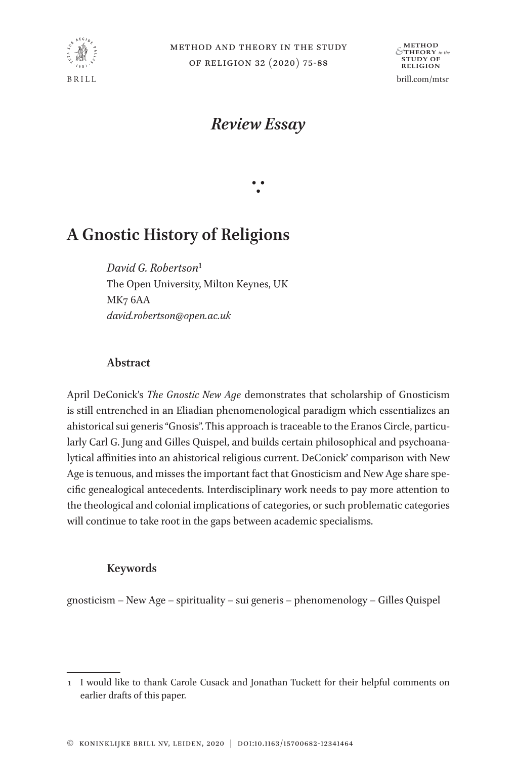 Review Essay a Gnostic History of Religions