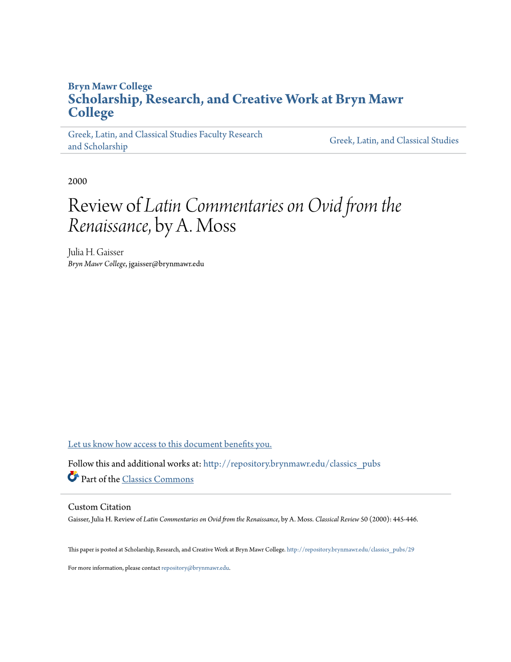 Review of Latin Commentaries on Ovid from the Renaissance, by A