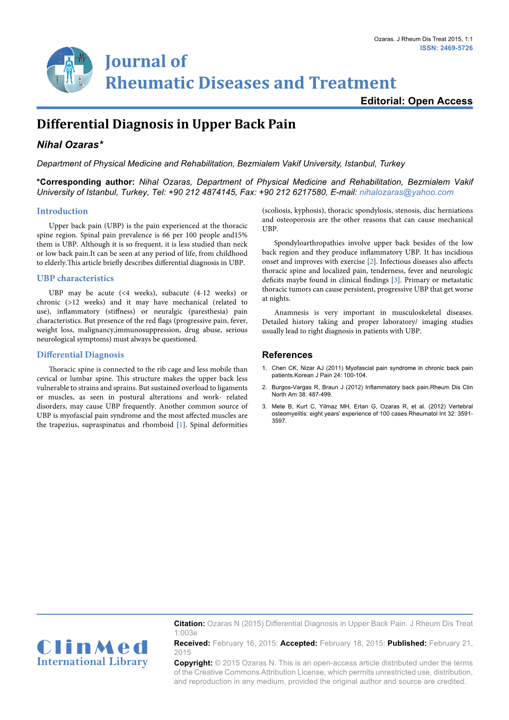 Differential Diagnosis in Upper Back Pain Nihal Ozaras*