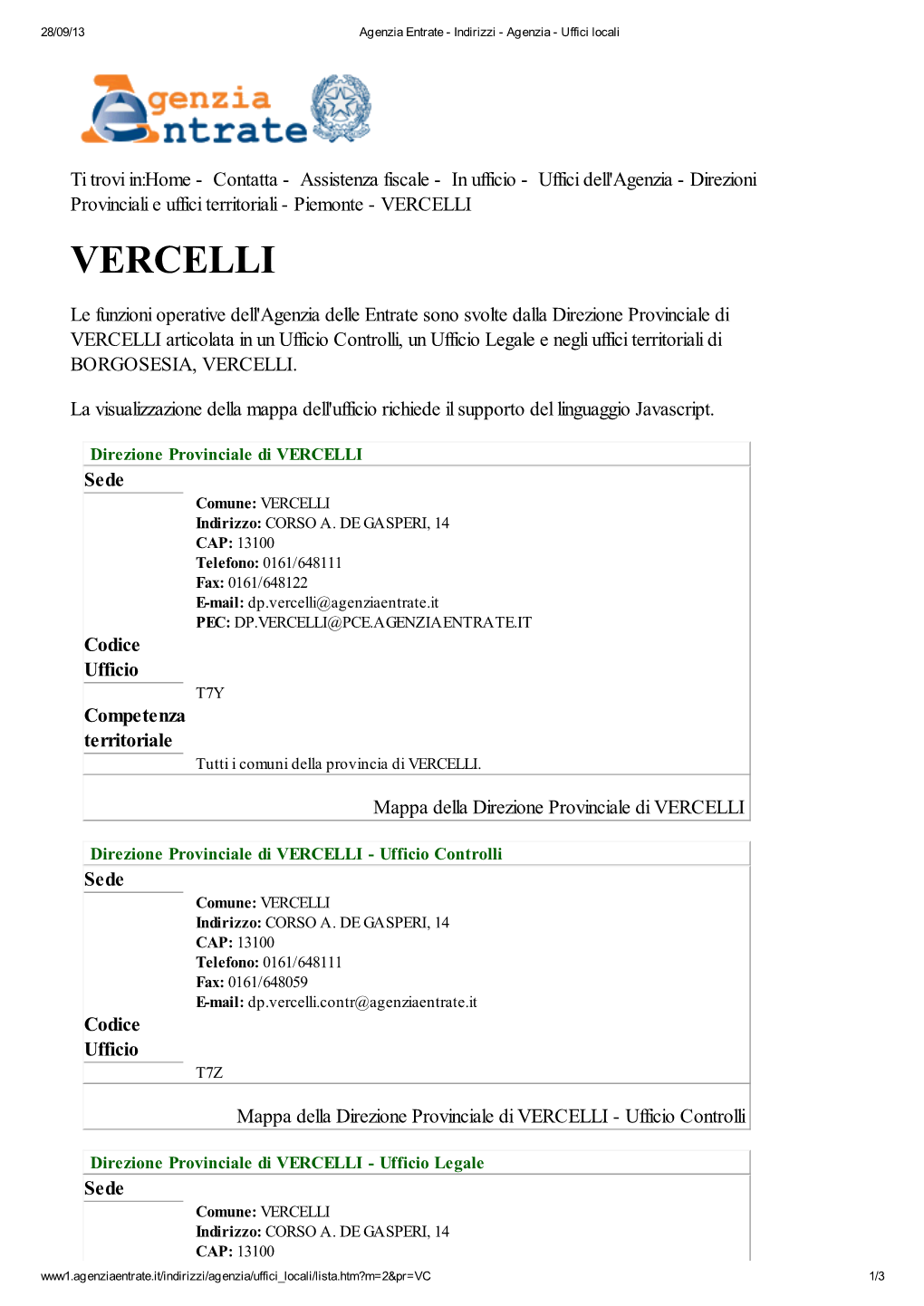 Codici Uffici Agenzia Delle Entrate Della Provincia Di Vercelli