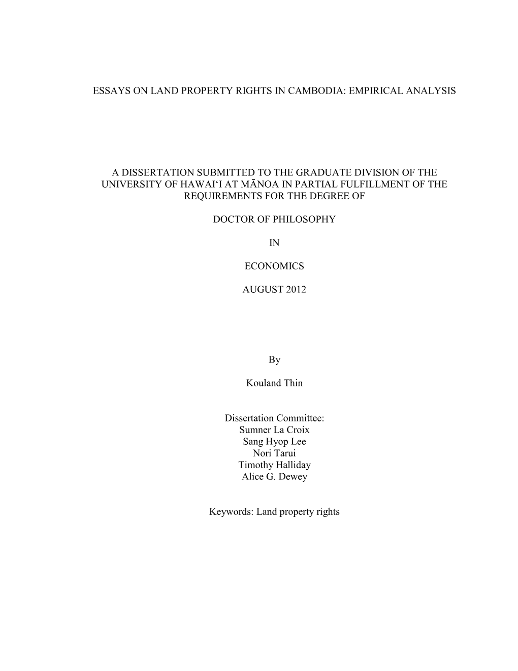 Essays on Land Property Rights in Cambodia: Empirical Analysis