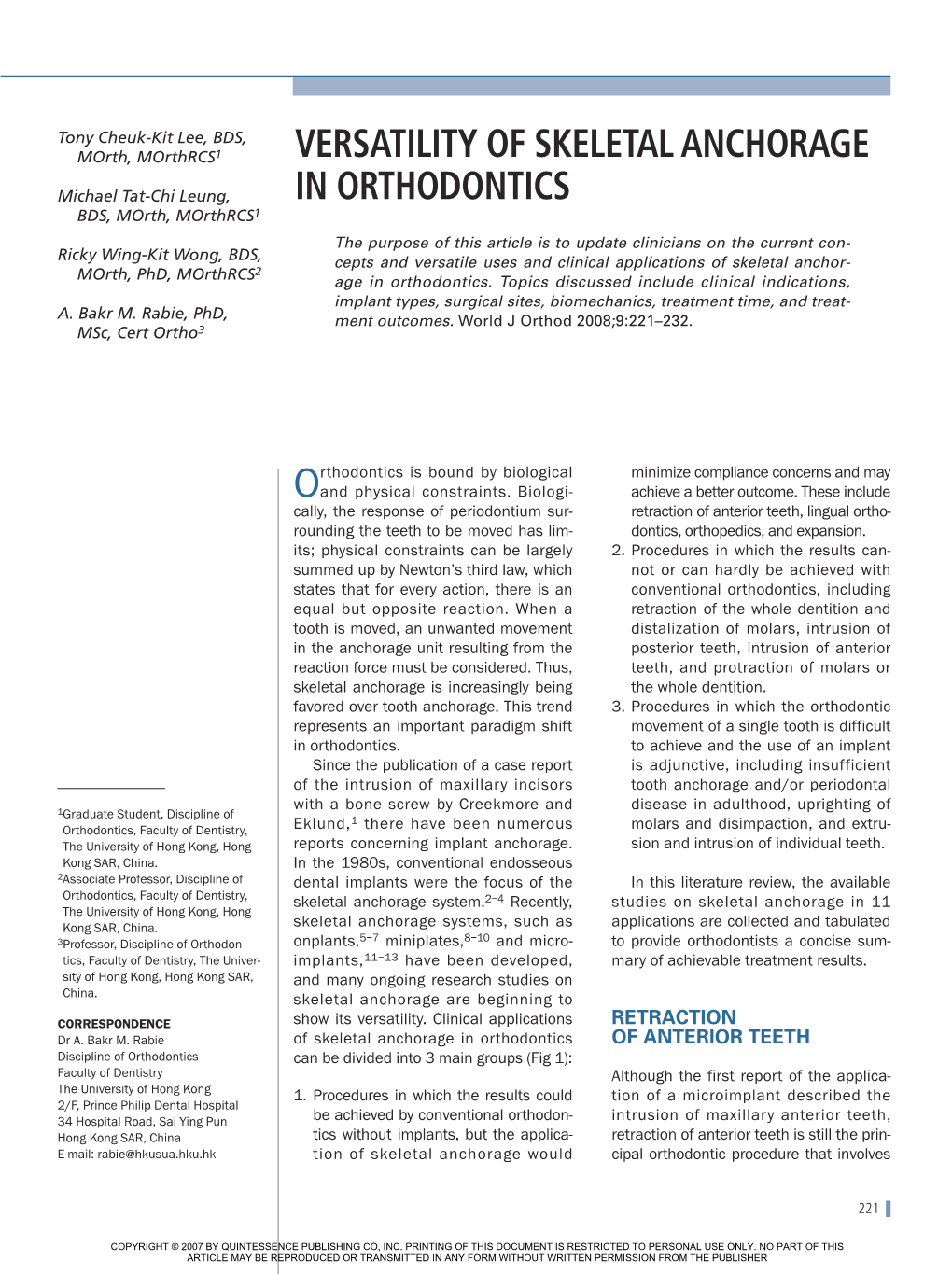 Versatility of Skeletal Anchorage in Orthodontics