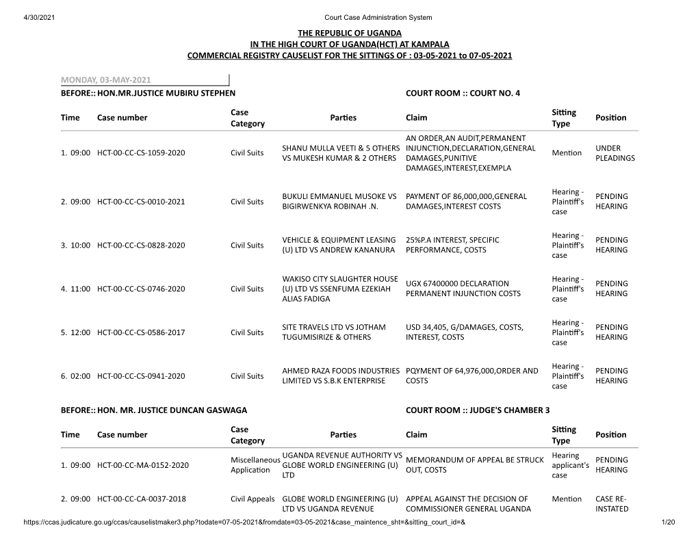 THE REPUBLIC of UGANDA in the HIGH COURT of UGANDA(HCT) at KAMPALA COMMERCIAL REGISTRY CAUSELIST for the SITTINGS of : 03-05-2021 to 07-05-2021