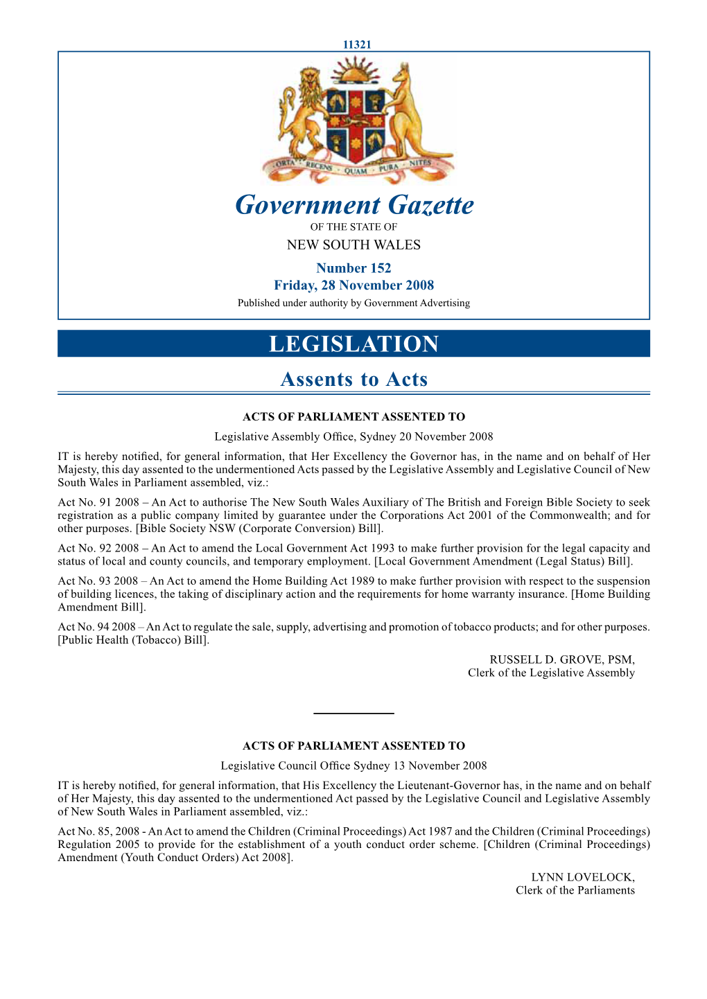 Government Gazette of the STATE of NEW SOUTH WALES Number 152 Friday, 28 November 2008 Published Under Authority by Government Advertising