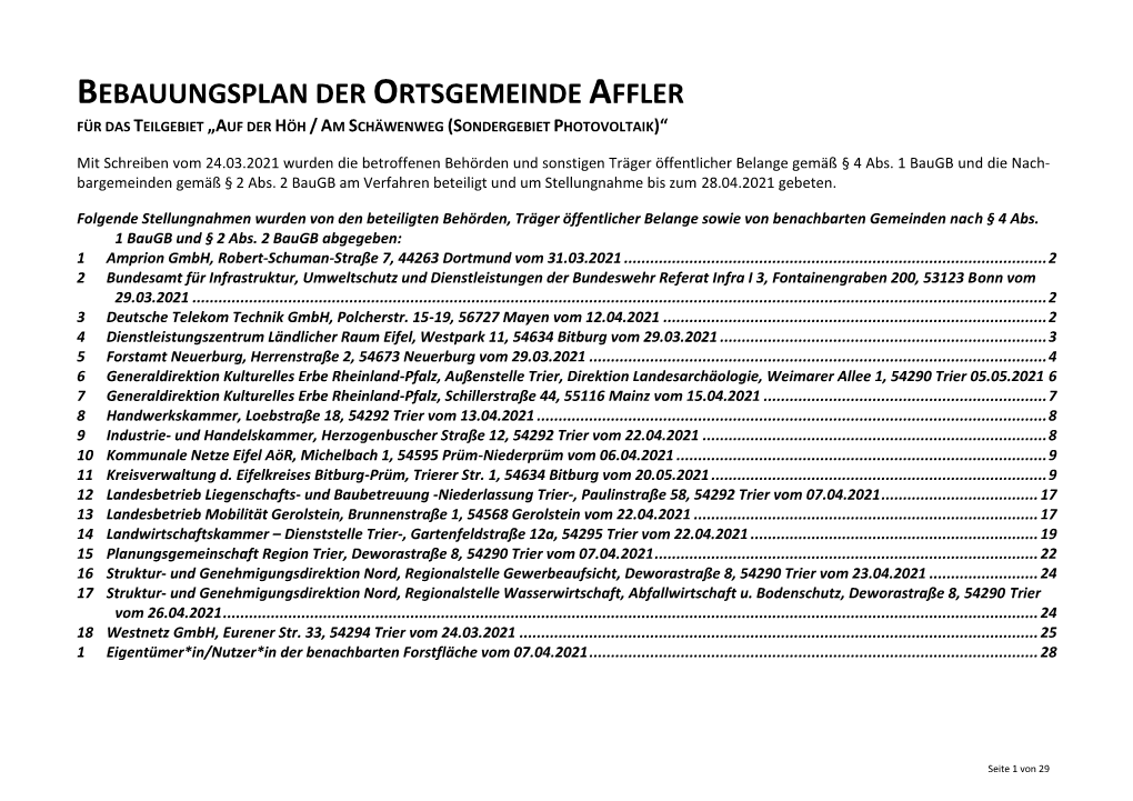 Bebauungsplan Der Ortsgemeinde Affler Für Das Teilgebiet „Auf Der Höh / Am Schäwenweg (Sondergebiet Photovoltaik)“