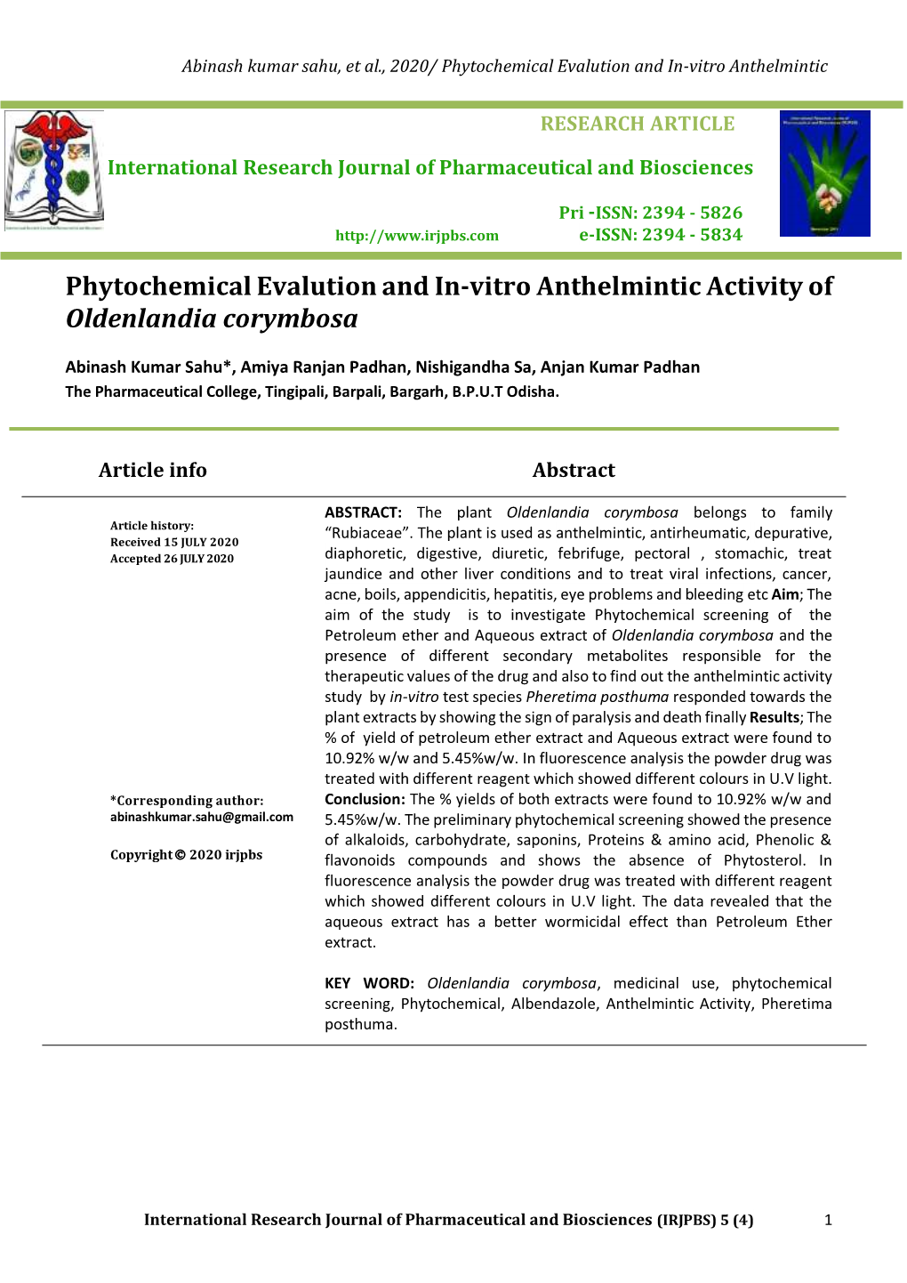 Phytochemical Evalution and In-Vitro Anthelmintic Activity of Oldenlandia Corymbosa