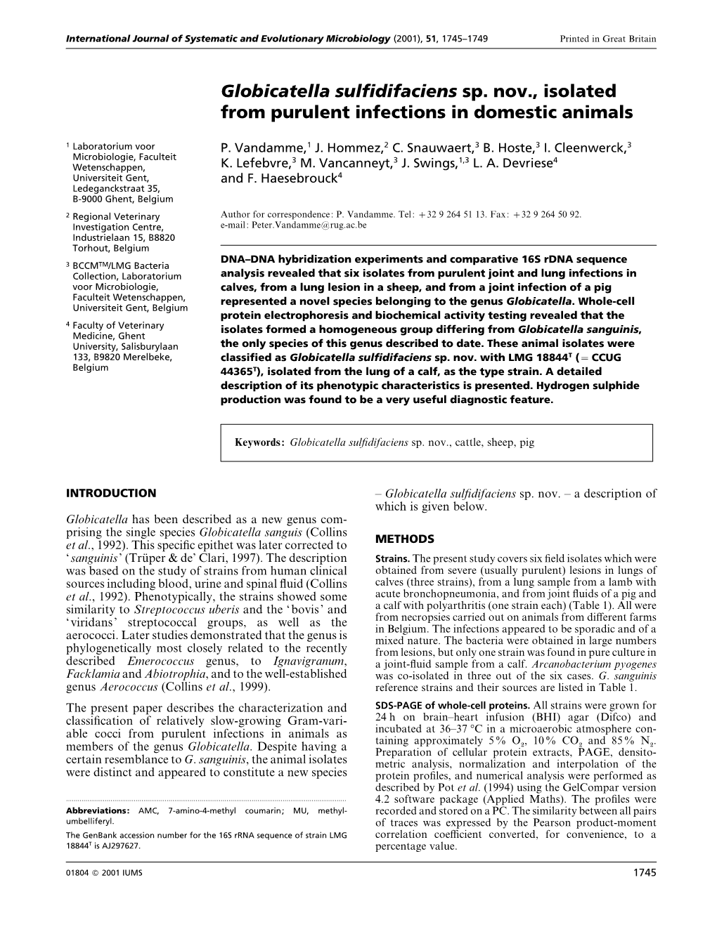 Globicatella Sulfidifaciens Sp. Nov., Isolated from Purulent Infections in Domestic Animals