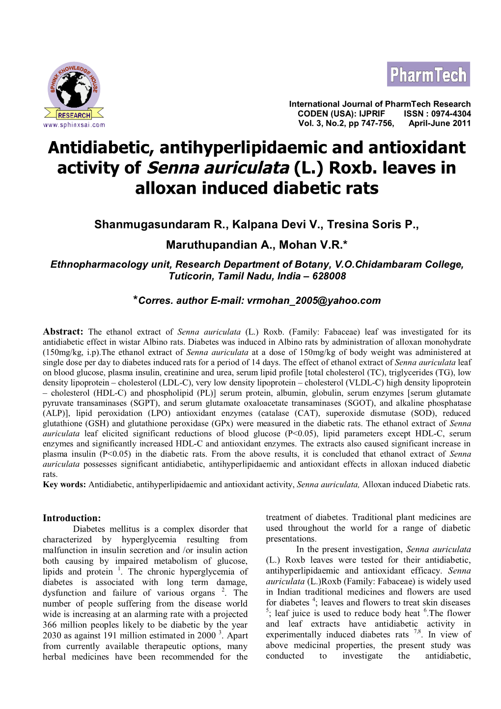 Antidiabetic, Antihyperlipidaemic and Antioxidant Activity of Senna Auriculata (L.) Roxb