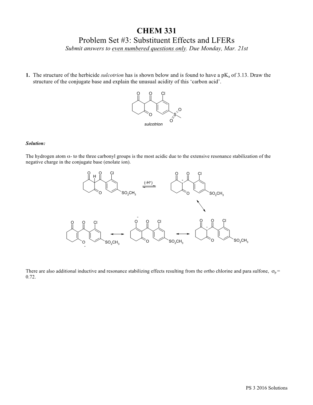 CHEM 331 Problem Set #3: Substituent Effects and Lfers Submit Answers to Even Numbered Questions Only