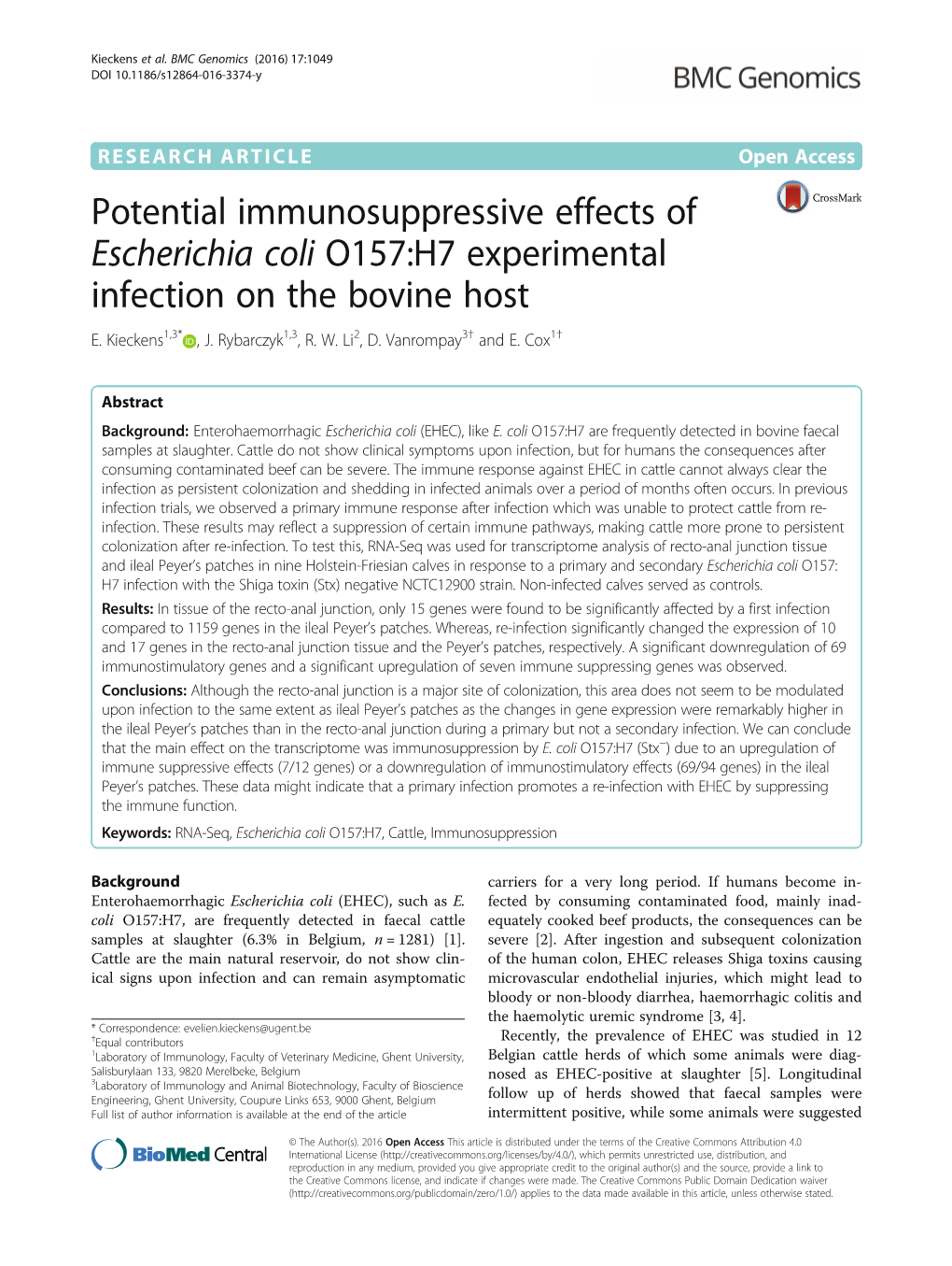 Potential Immunosuppressive Effects of Escherichia Coli O157:H7 Experimental Infection on the Bovine Host E