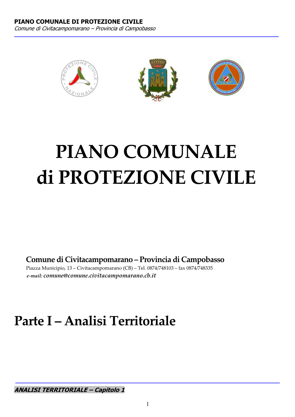 PIANO COMUNALE DI PROTEZIONE CIVILE Comune Di Civitacampomarano – Provincia Di Campobasso