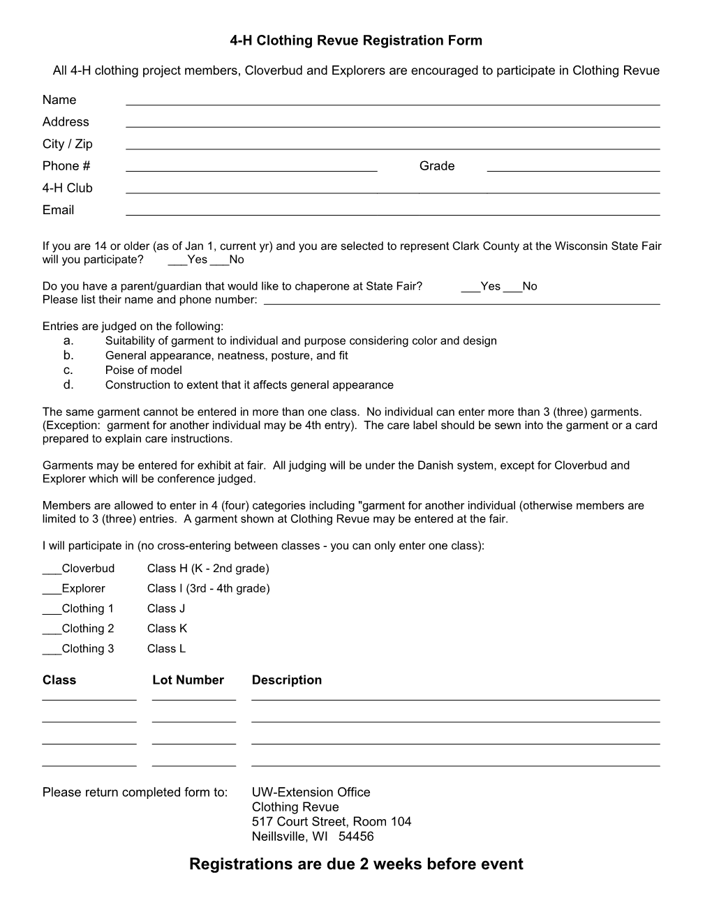 4-H Clothing Revue Registration Form