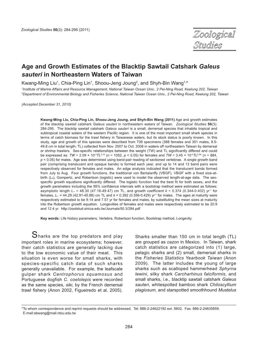 Age and Growth Estimates of the Blacktip Sawtail Catshark Galeus Sauteri in Northeastern Waters of Taiwan