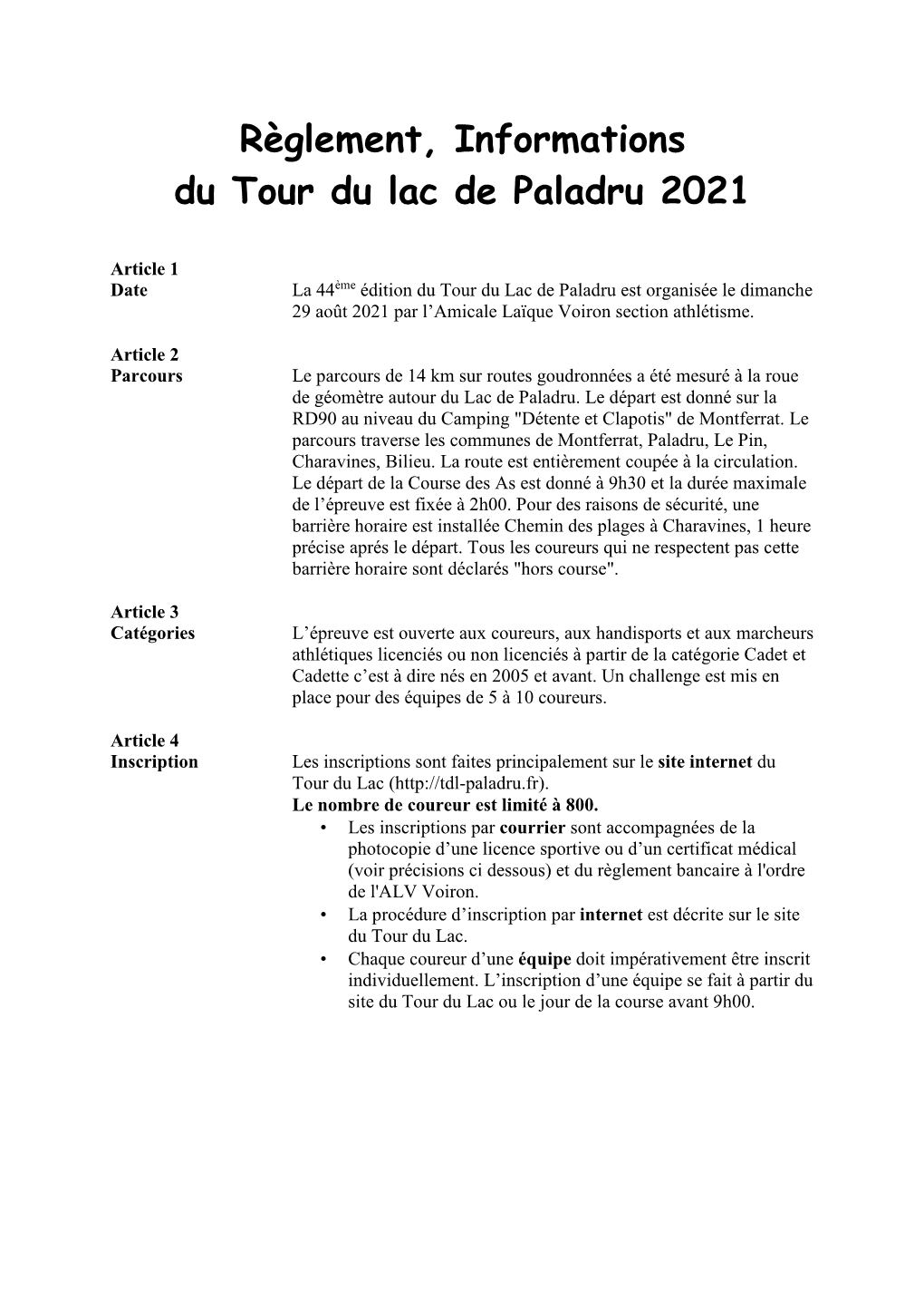 Règlement, Informations Du Tour Du Lac De Paladru 2021