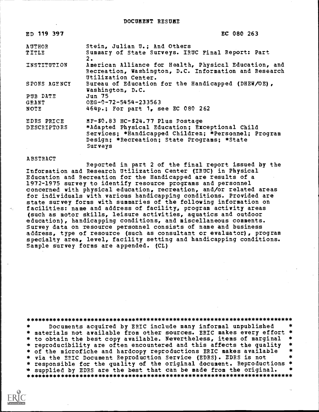 Summary of State Surveys. IRUC Final Report: Part 2. INSTITUTION American Alliance for Health, Physical Education, and Recreation, Washington, D.C