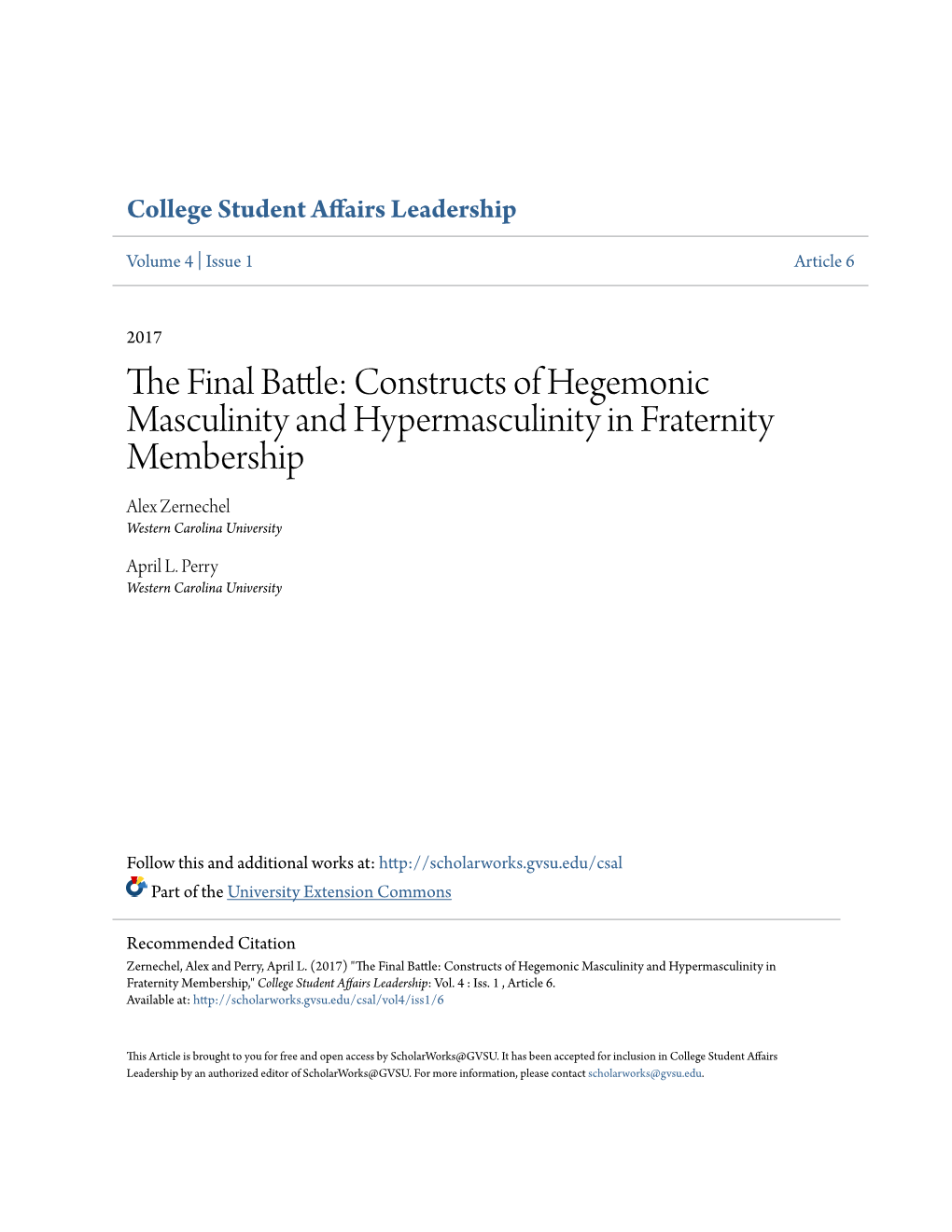 The Final Battle: Constructs of Hegemonic Masculinity and Hypermasculinity in Fraternity Membership