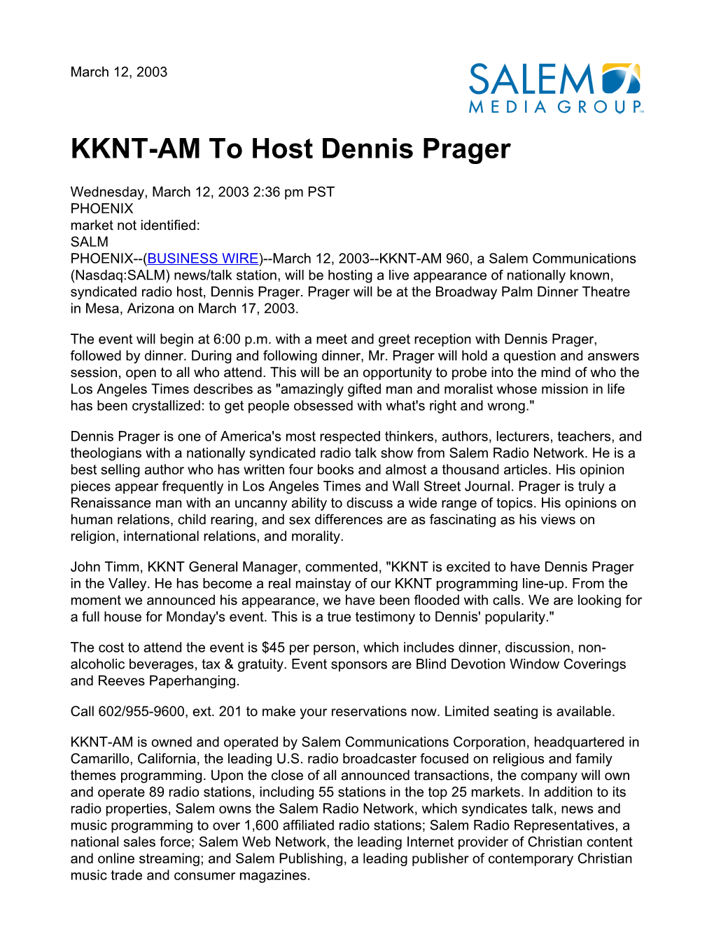 KKNT-AM to Host Dennis Prager