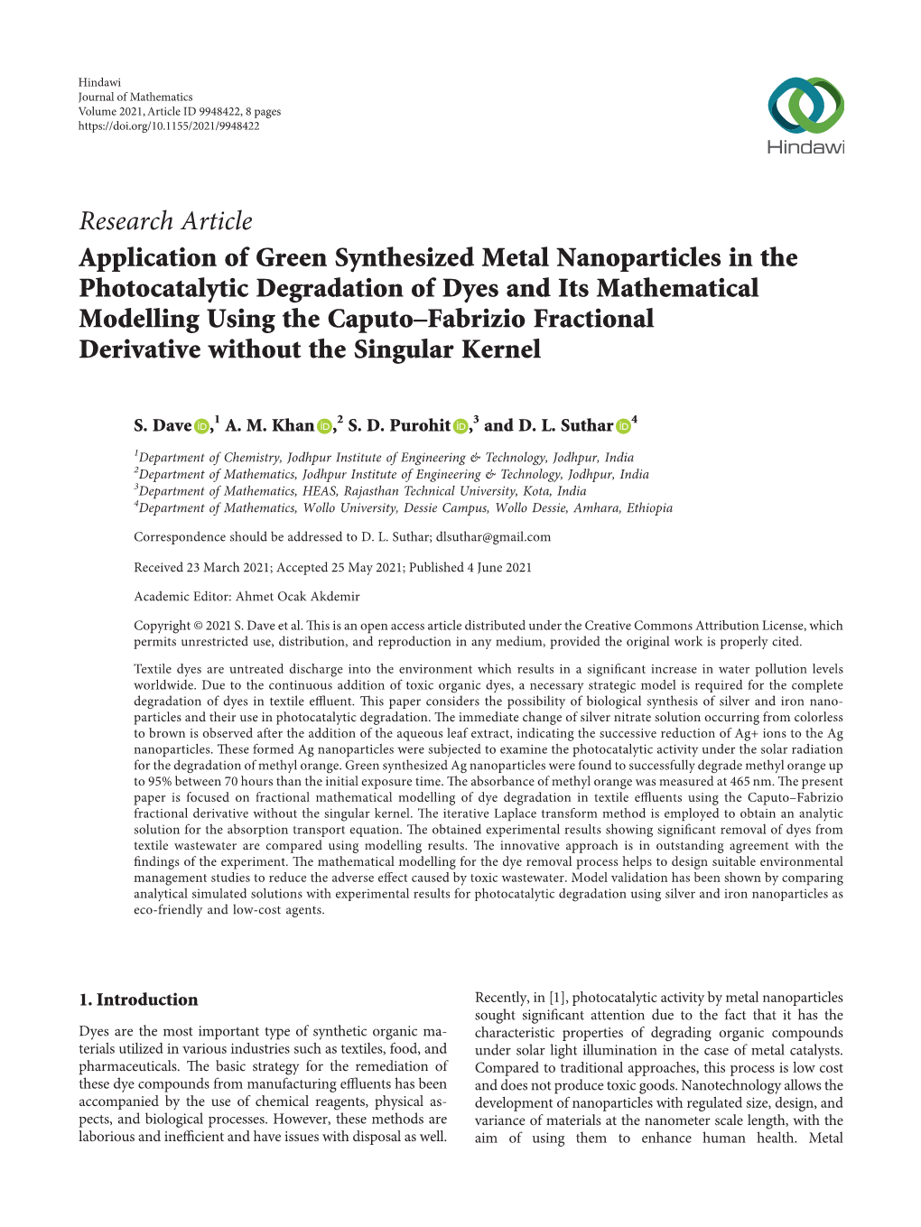 Application of Green Synthesized Metal Nanoparticles in The