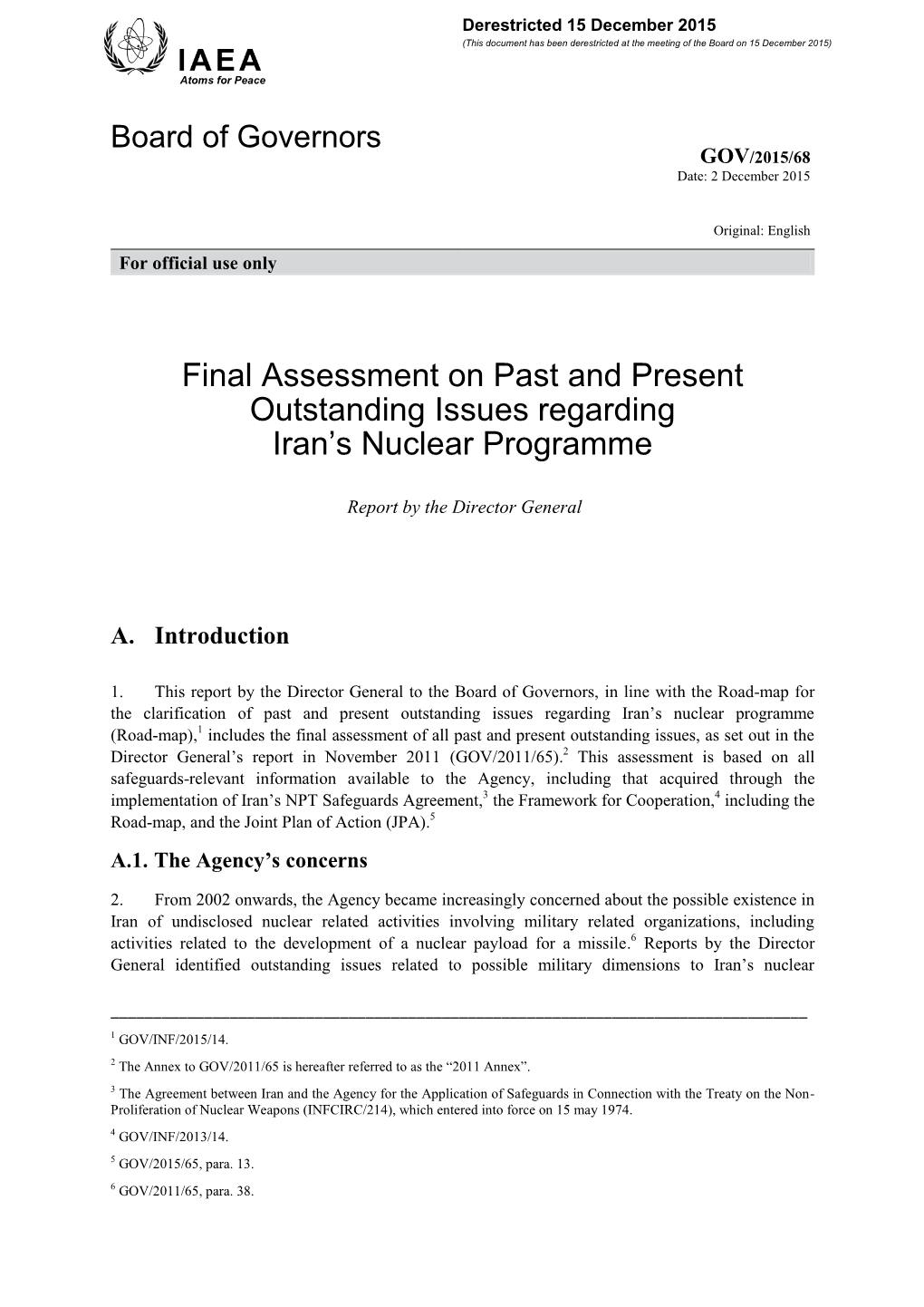 Final Assessment on Past and Present Outstanding Issues Regarding Iran’S Nuclear Programme