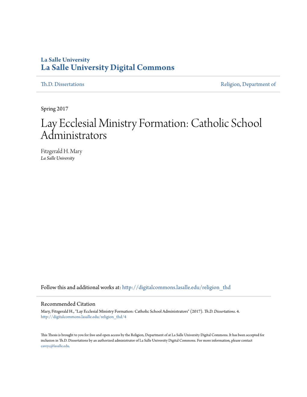 Lay Ecclesial Ministry Formation: Catholic School Administrators Fitzgerald H