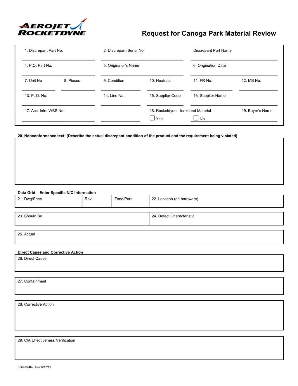 Form 0646-L, Request for Canoga Park Material Review