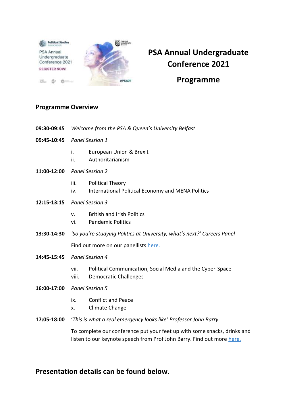 PSA Annual Undergraduate Conference 2021 Programme