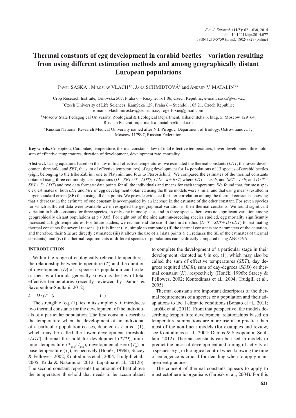 Thermal Constants of Egg Development in Carabid Beetles