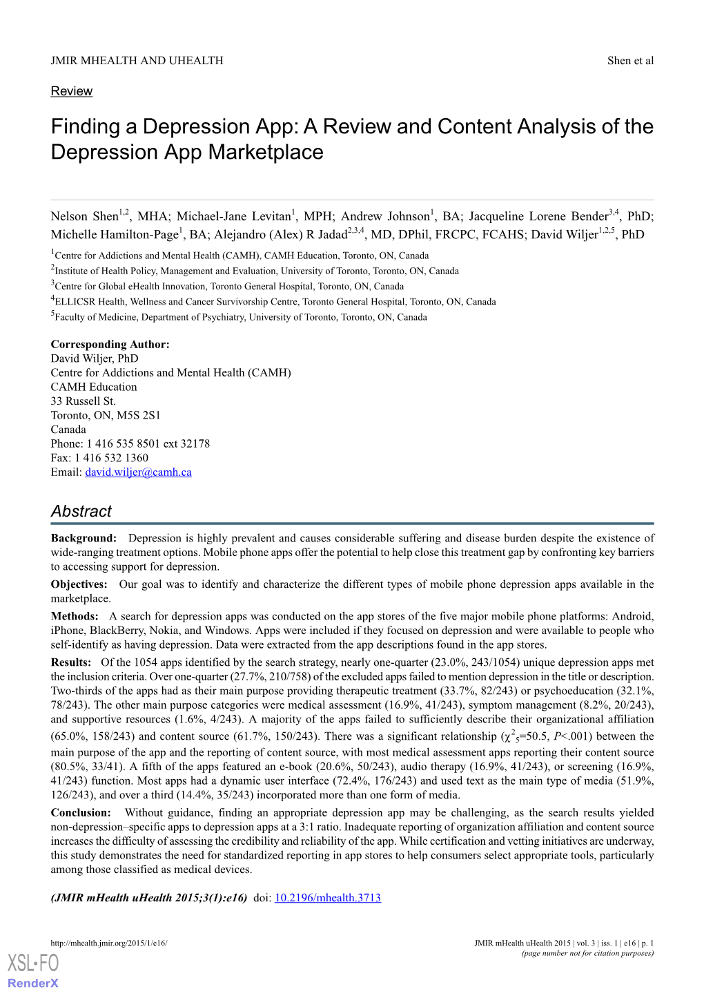 A Review and Content Analysis of the Depression App Marketplace