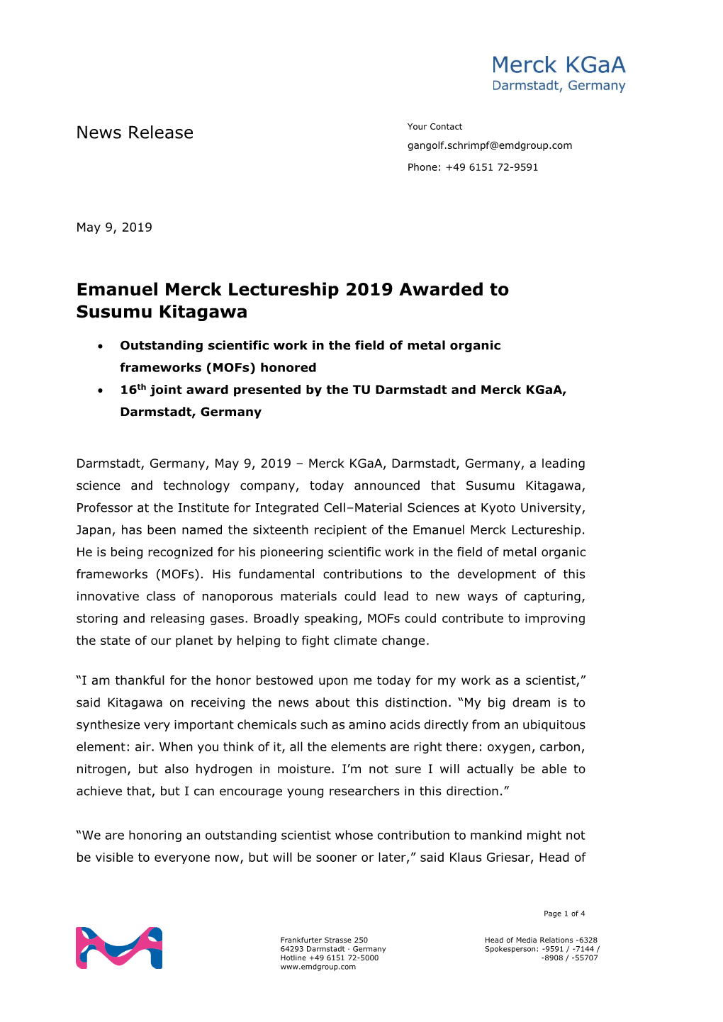 News Release Emanuel Merck Lectureship 2019 Awarded To