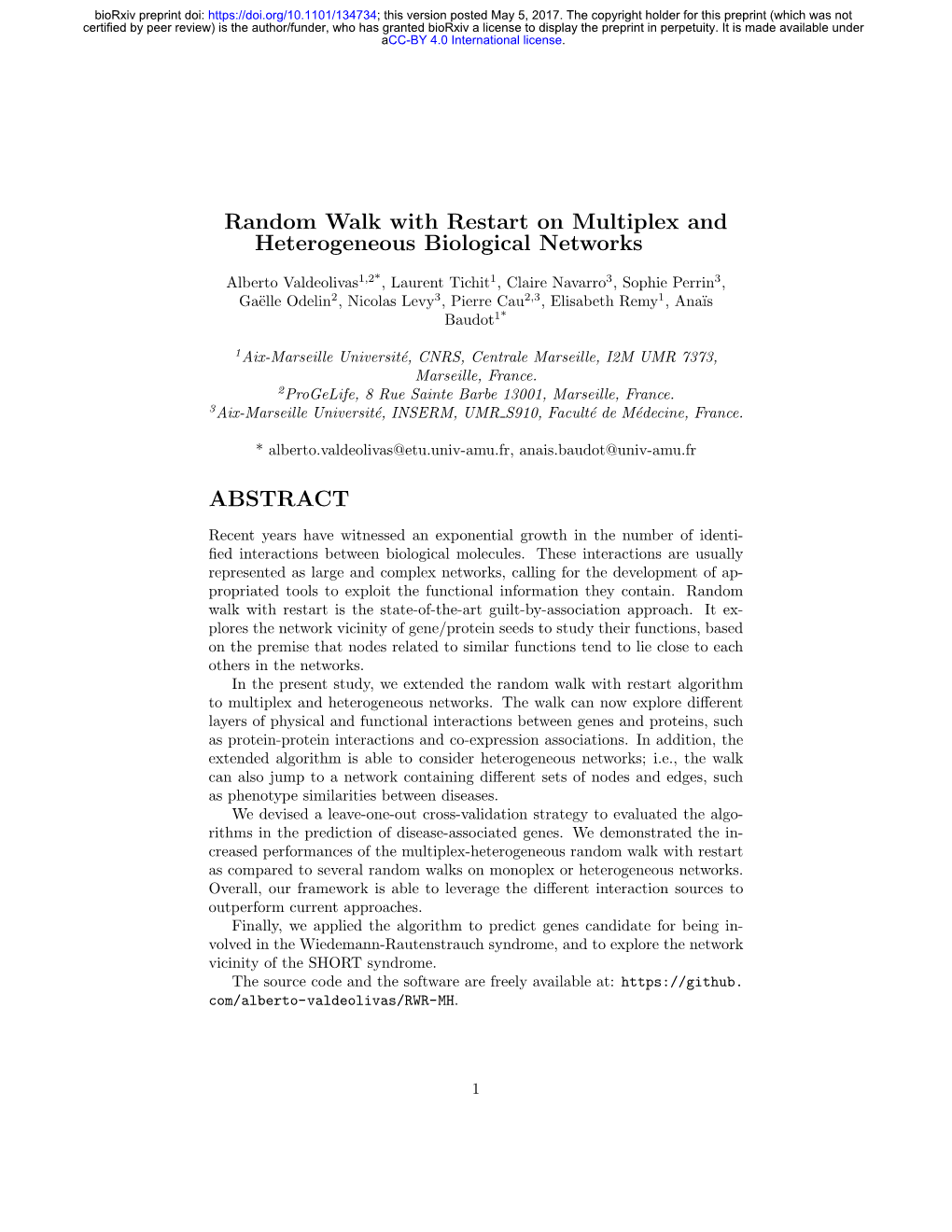 Random Walk with Restart on Multiplex and Heterogeneous Biological Networks