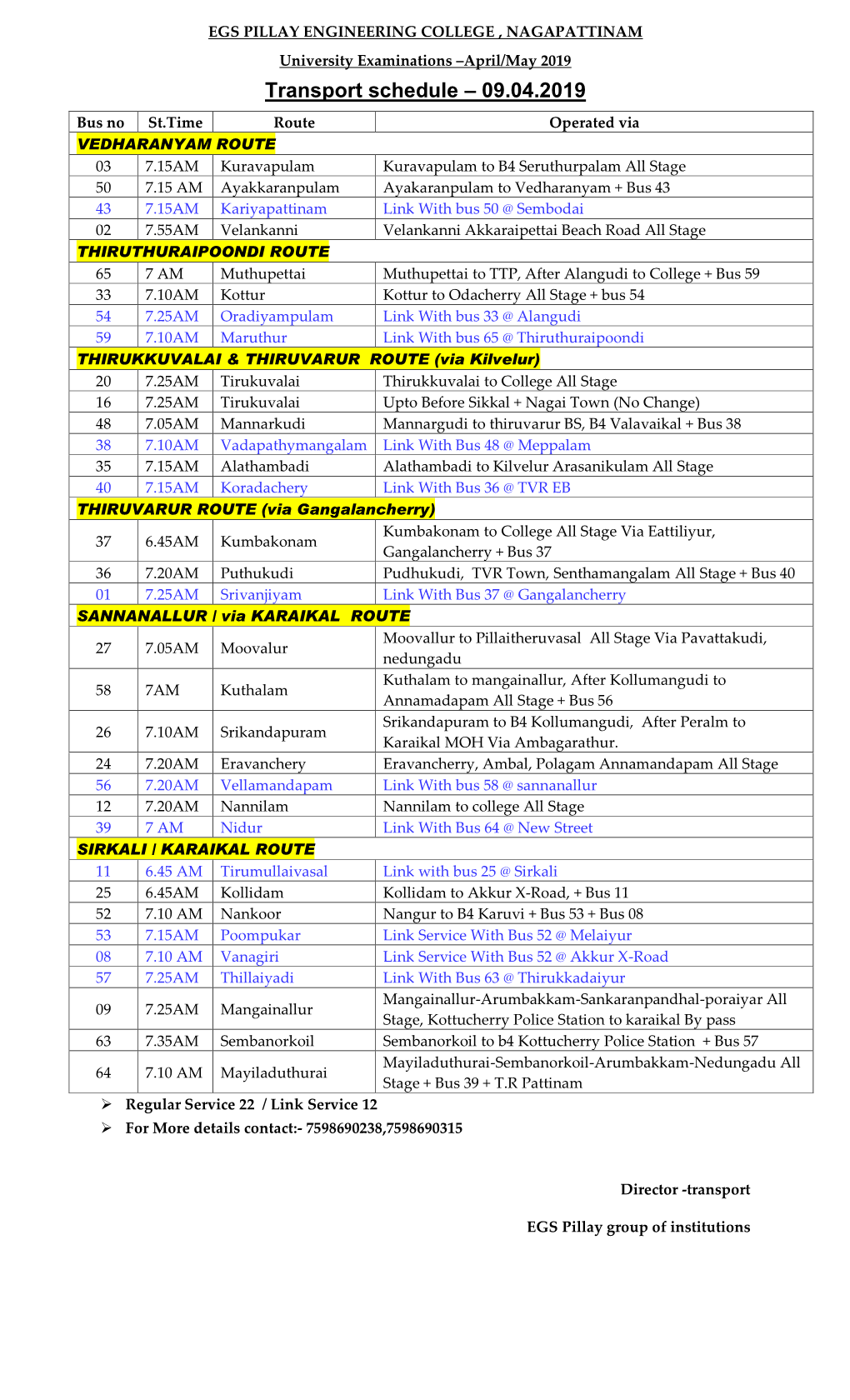 Transport Schedule – 09.04.2019