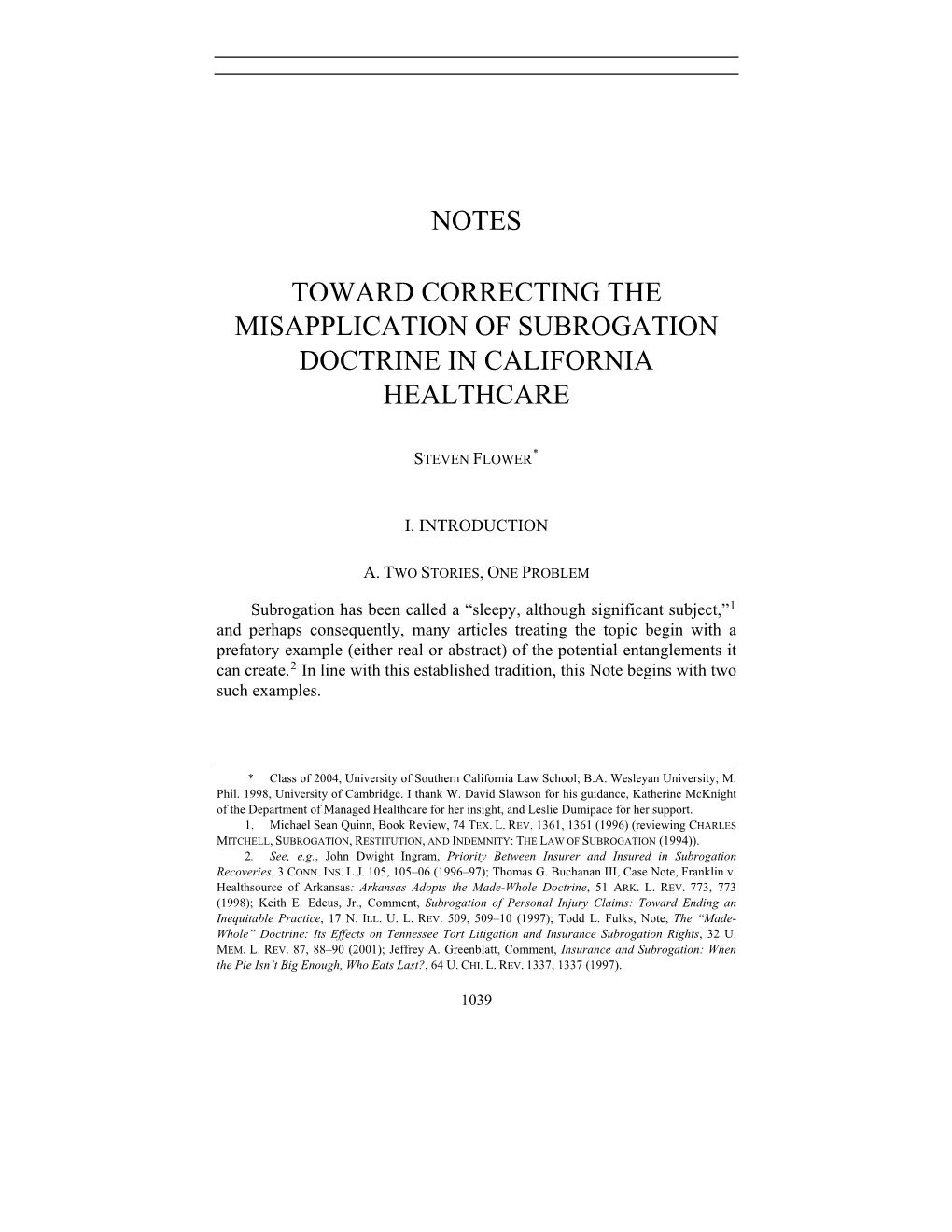 Toward Correcting the Misapplication of Subrogation Doctrine in California Healthcare