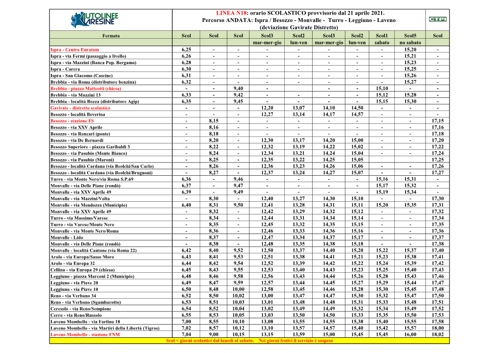 LINEA N18: Orario SCOLASTICO Provvisorio Dal 21 Aprile 2021. Percorso ANDATA: Ispra / Besozzo