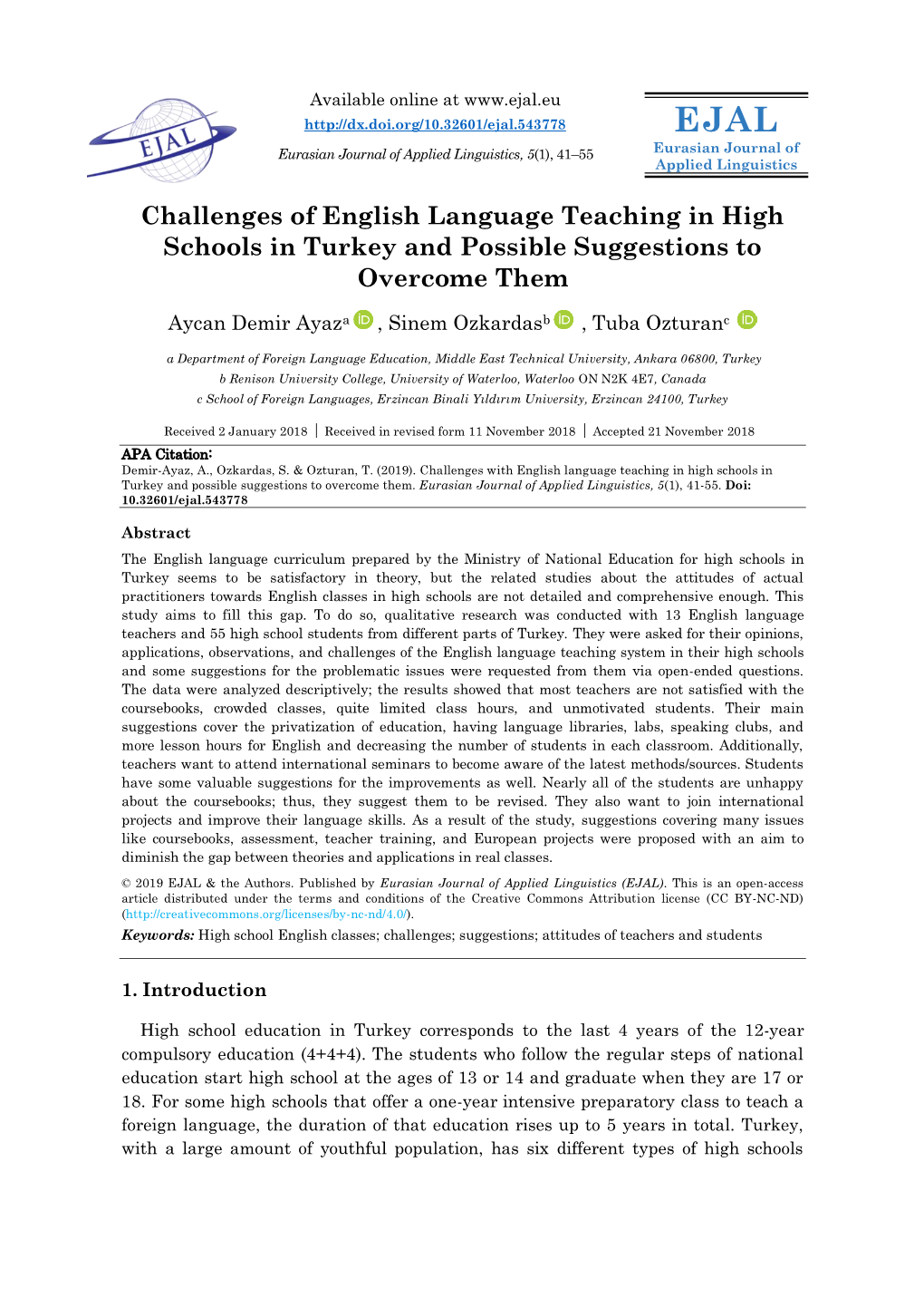 Challenges of English Language Teaching in High Schools in Turkey and Possible Suggestions to Overcome Them